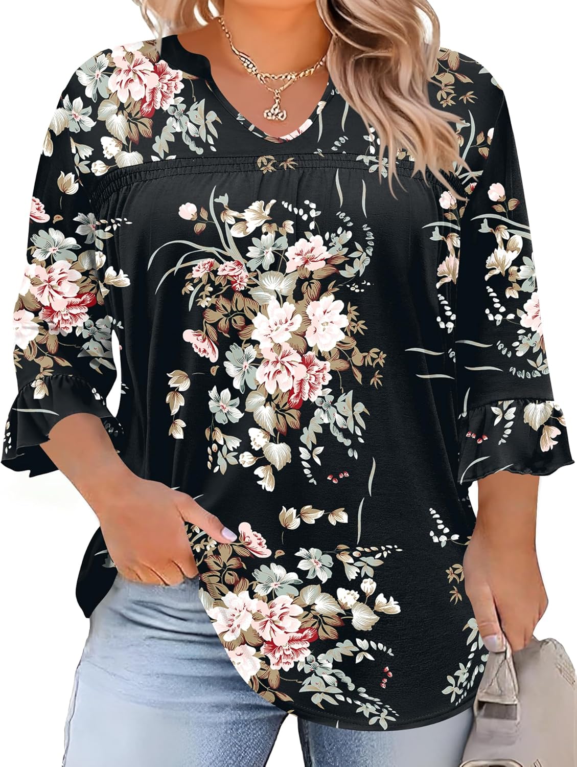 TFSDOD Plus Size Tops for Women V Neck 3/4 Sleeve Pleated Blouses Dressy Casual Fashion Tunic Top (1X-5X)