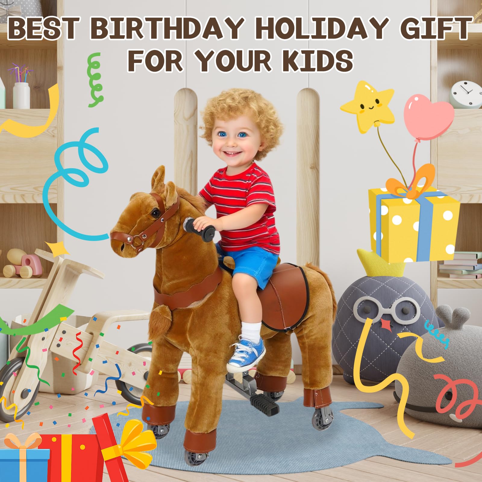 CavalloCavalcabile per Bambini, Cavallo Equitazione Giocattolo per Bambini, Cavallo con Ruote, CavalloPeluche per Bambino 3 4 5 6 Anni
