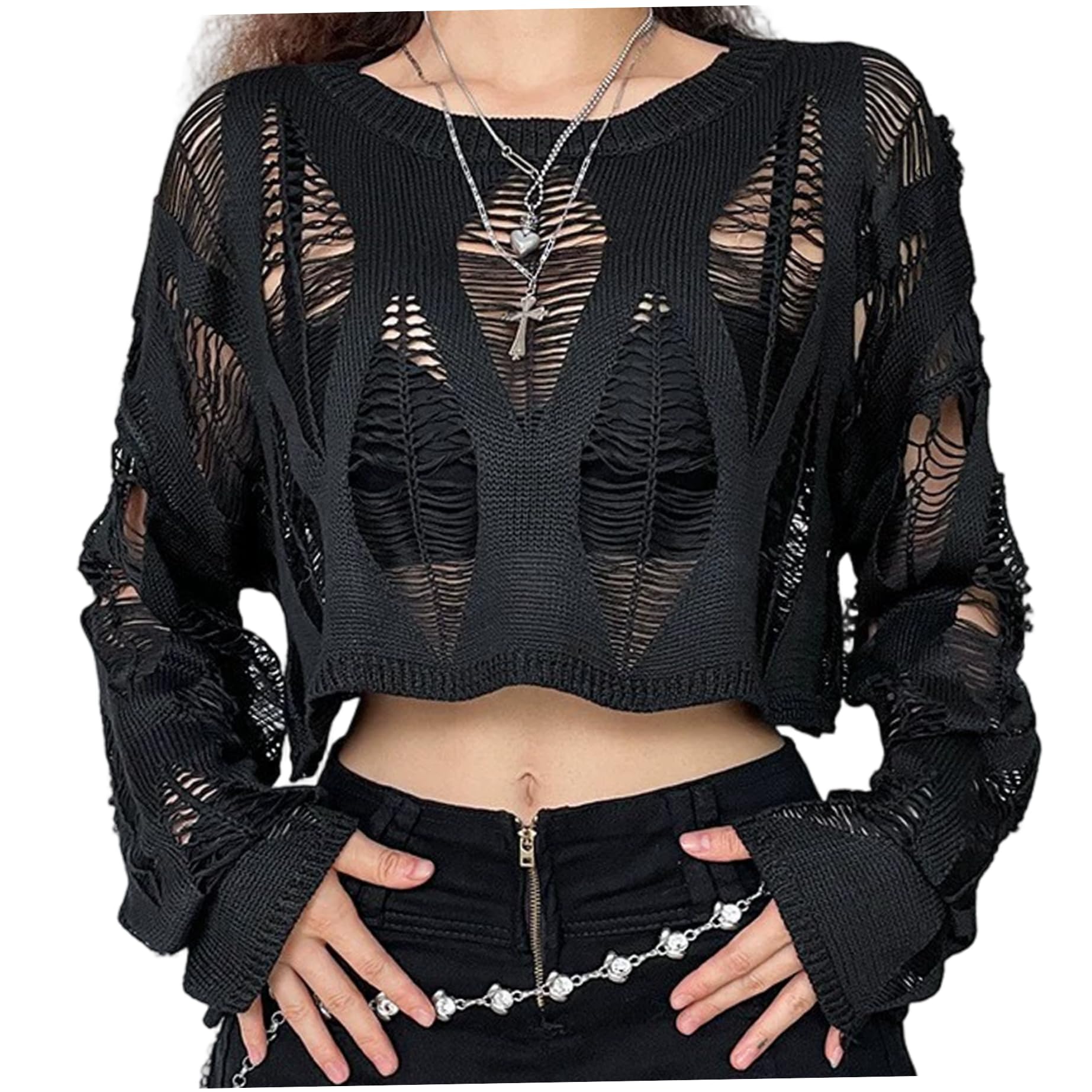 Latemeia Unisex Black Crop Tops See Through Hole Gothic Clothes For Women Ripped Knit Pullover Emo Clothes For Women Girls, Decoración Del Hogar