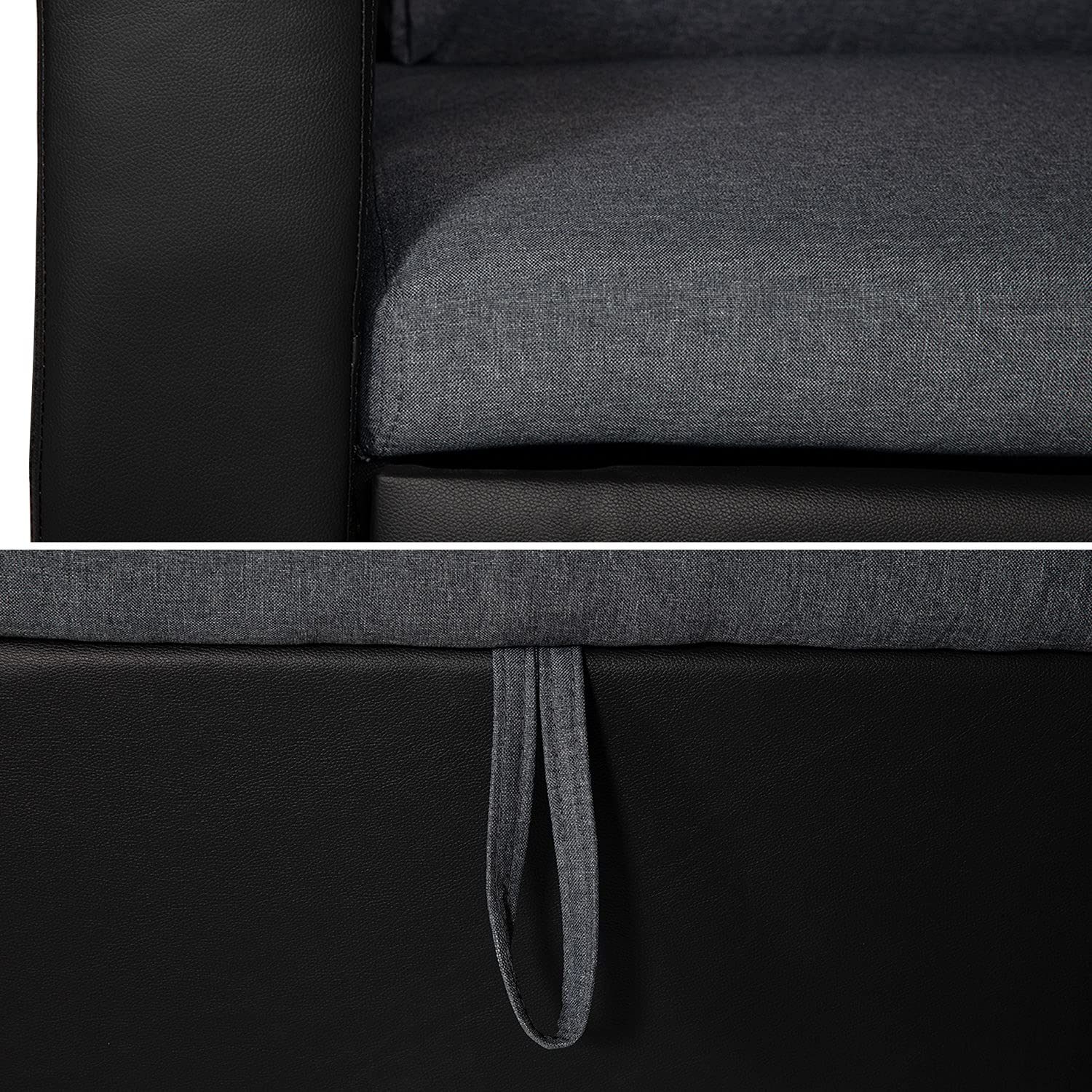 Happy Garden Canapé d'angle Convertible Clark 3 Places en Tissu et Simili Gris chiné et Noir. Canapé avec méridienne réversible et Coffre de Rangement.