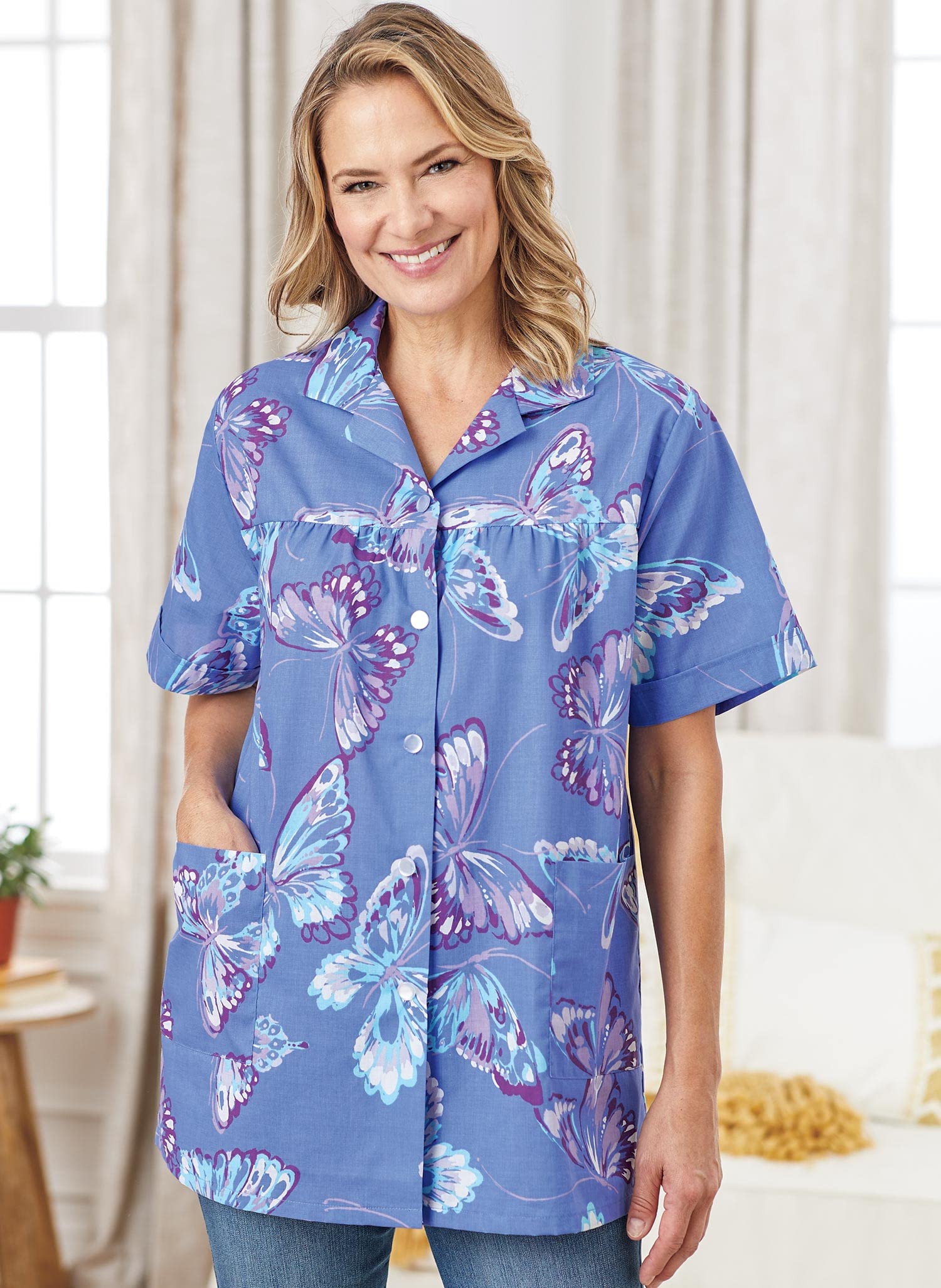 AmeriMark Women's Button Front Smock Casual Button-Down Shirt w/Patch Pockets Purple Butterfly 3X