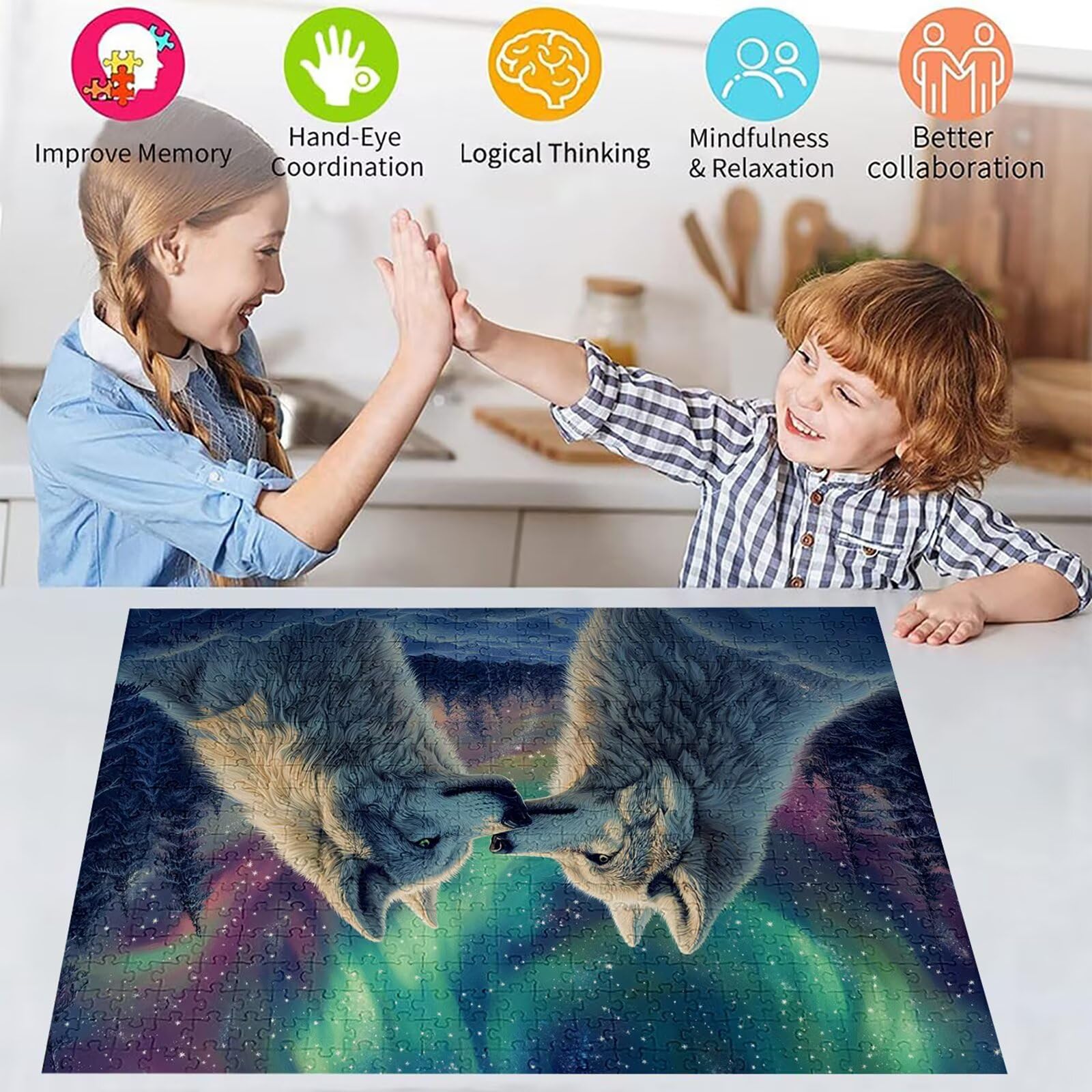 Puzzle 3000 elementów wilk puzzle dla dorosłych zorza 122 x 81 cm unikalne rzemiosło klasyczne 3D drewniana układanka do rodzinnych gier aktywnych, układanka do samodzielnego wykonania nawet do