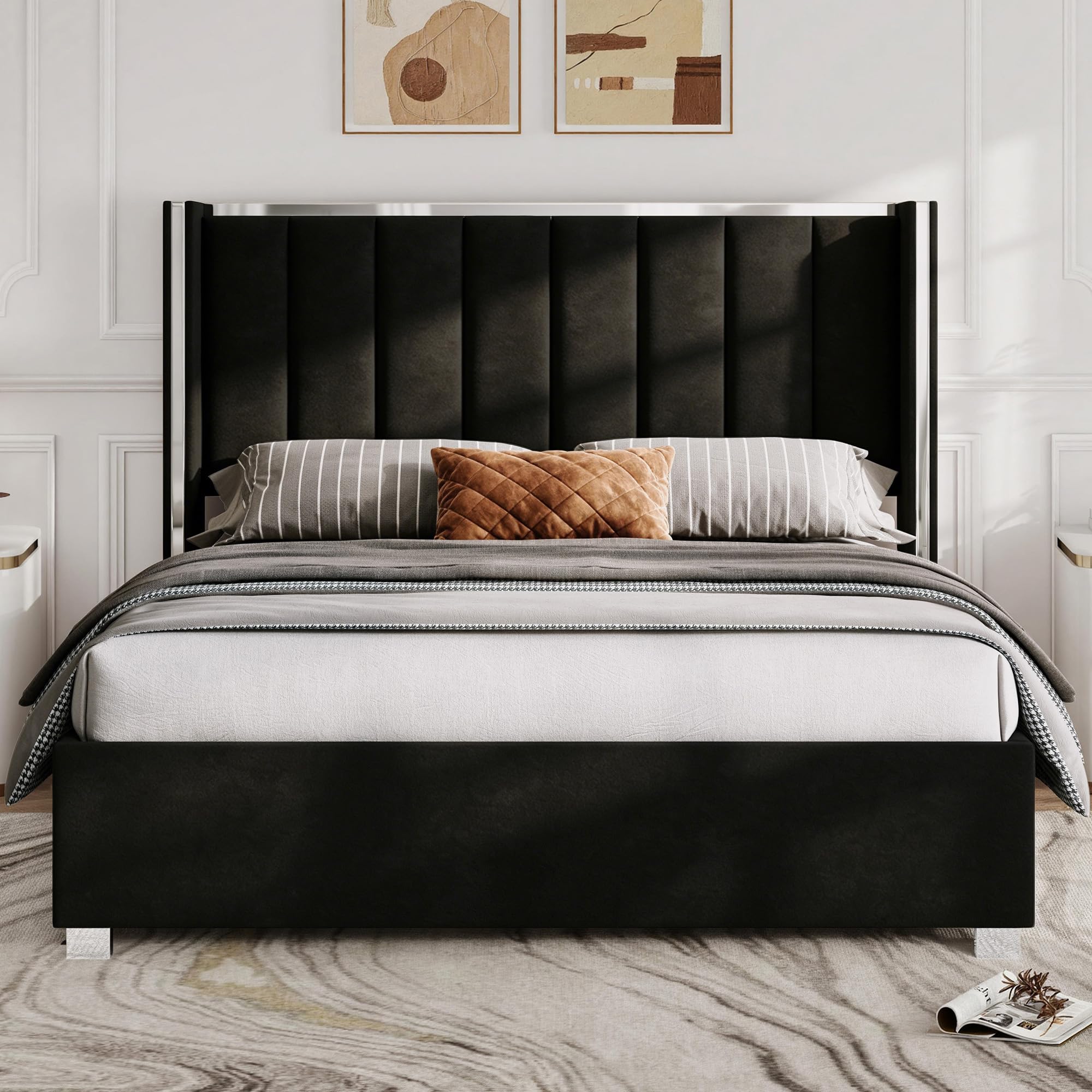 LUXOAK 4ft6 Double Bed Frame, Velvet Wingback Headboard, Metal Trim, Black