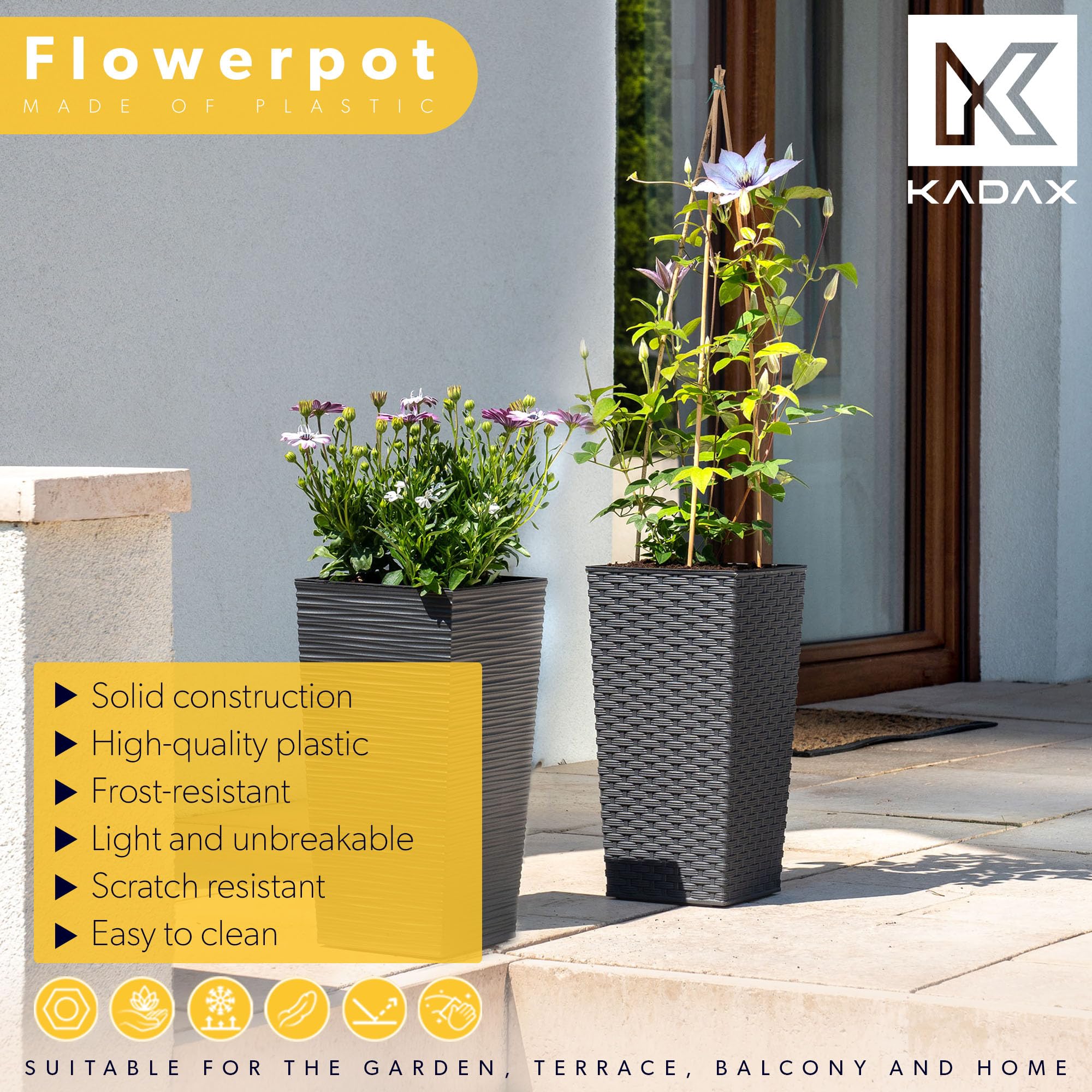 KADAX Lot de 3 Set de 3 Pots de Fleurs Hauts – H 57/68/75 cm – Rotin Graphite – intérieur/extérieur – pour Balcon, Jardin ou Salon