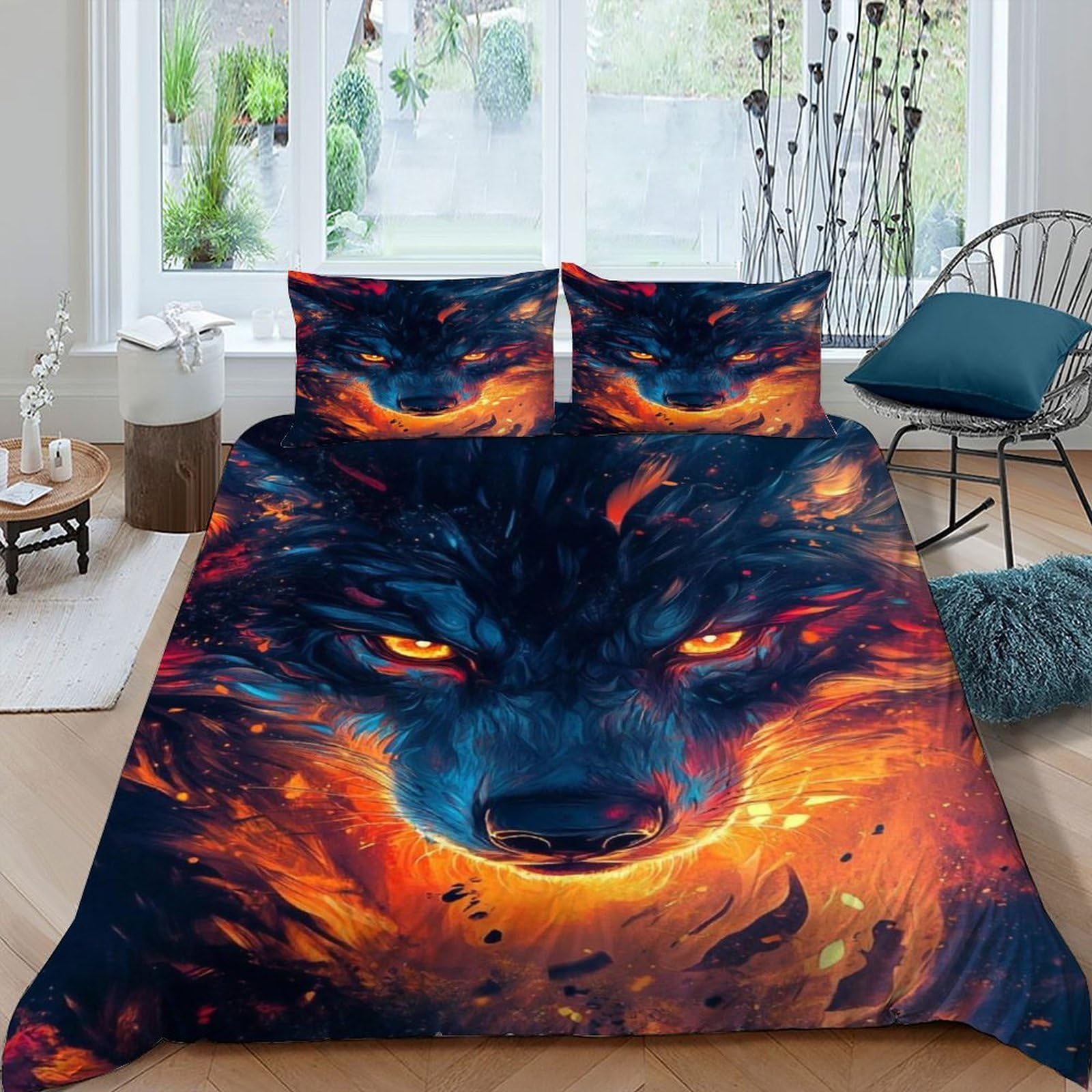 Housse de couette loup de feu parure de lit adulte king 220x240cm avec taies
