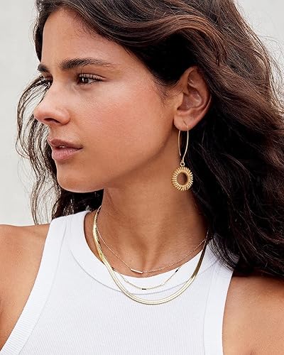 Miniatura 5 de Aretes colgantes largos de oro con forma de bola de simicírculo para mujer, ligeros, circular, moneda, geométricos, planos, cepillados, chapados en