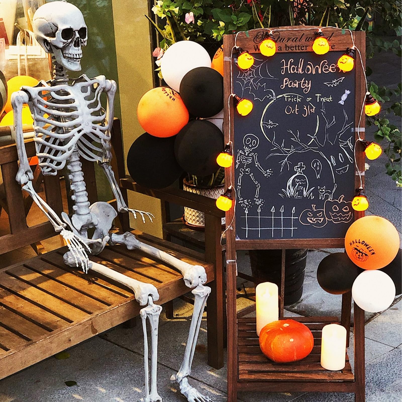 Squelette Halloween Décoration, 165cm Squelette Humain Taille Réelle, Squelette d'halloween pour Intérieure et Extérieure, Posable Skeleton for Halloween Garden Graveyard Decorations