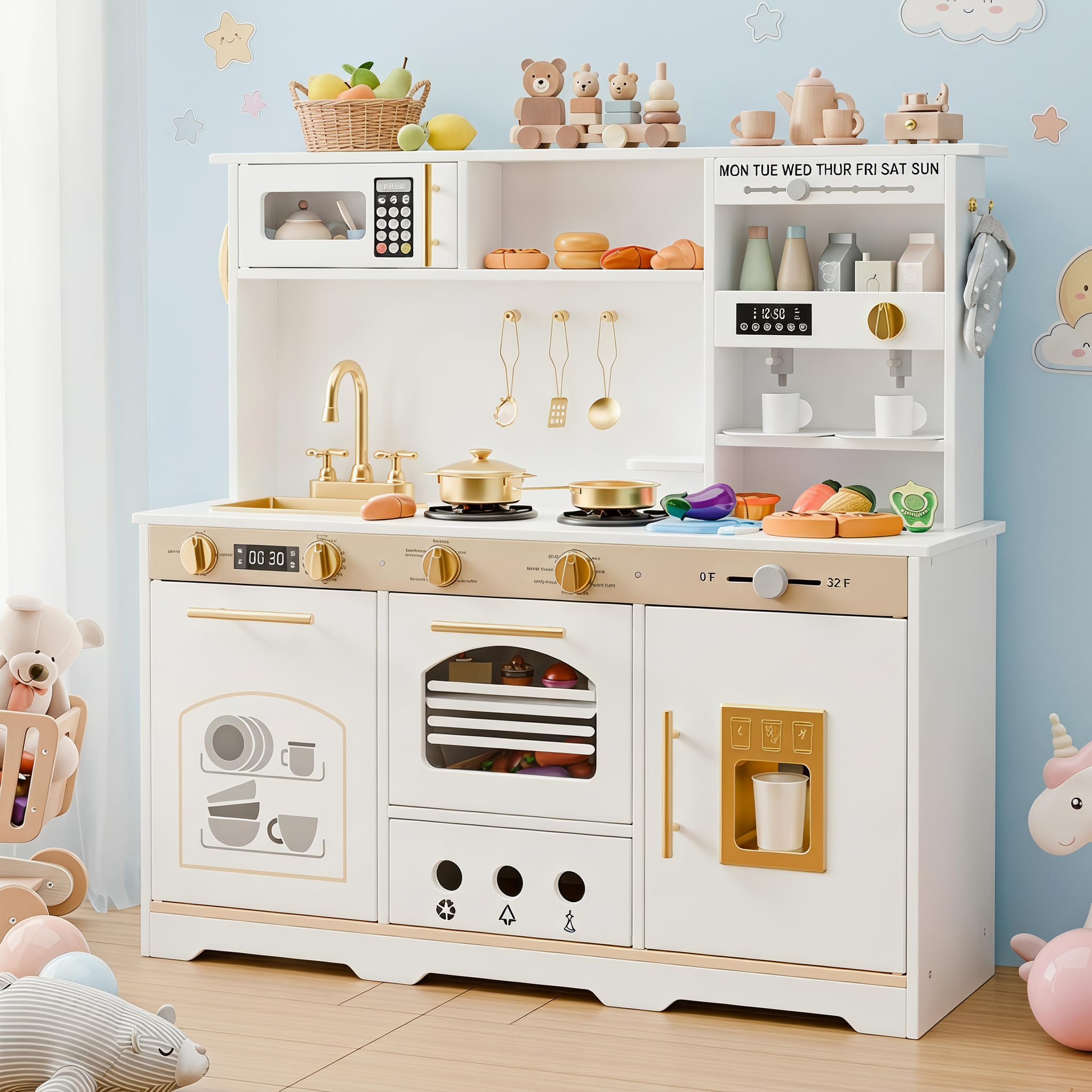 Xilingol Kinderküchen aus Holz, Spielküche Kinder mit Licht und Soundeffekten, Geeignet für Kinder ab 3 Jahren mit Kinderküche Zubehör 21TLG. Weiß