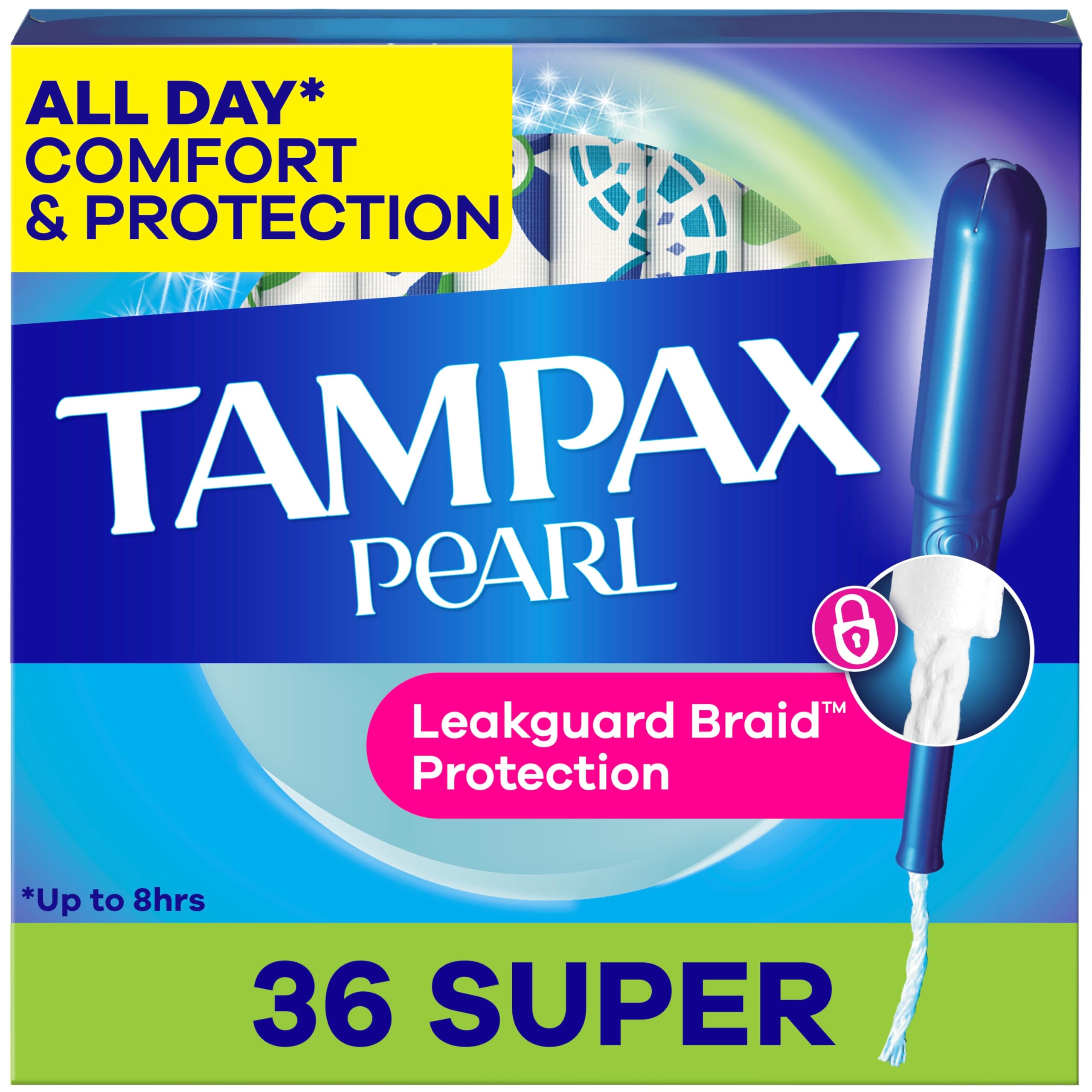 Tampax Pearl Tampons Super Absorbency with LeakGuard Braid, Unscented, 36 Count