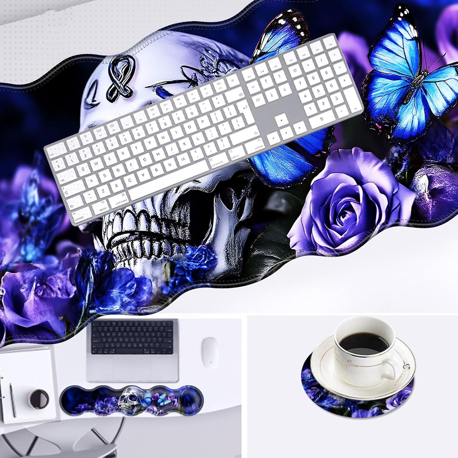 Large Mouse Pad and Keyboard Wrist Rest, Desk Pad for Keyboard and Mouse, 4-in-1 Large Gaming Mouse Pad with Wrist Support, Desk Mat for Home Office Study Game-Skull and Butterflies