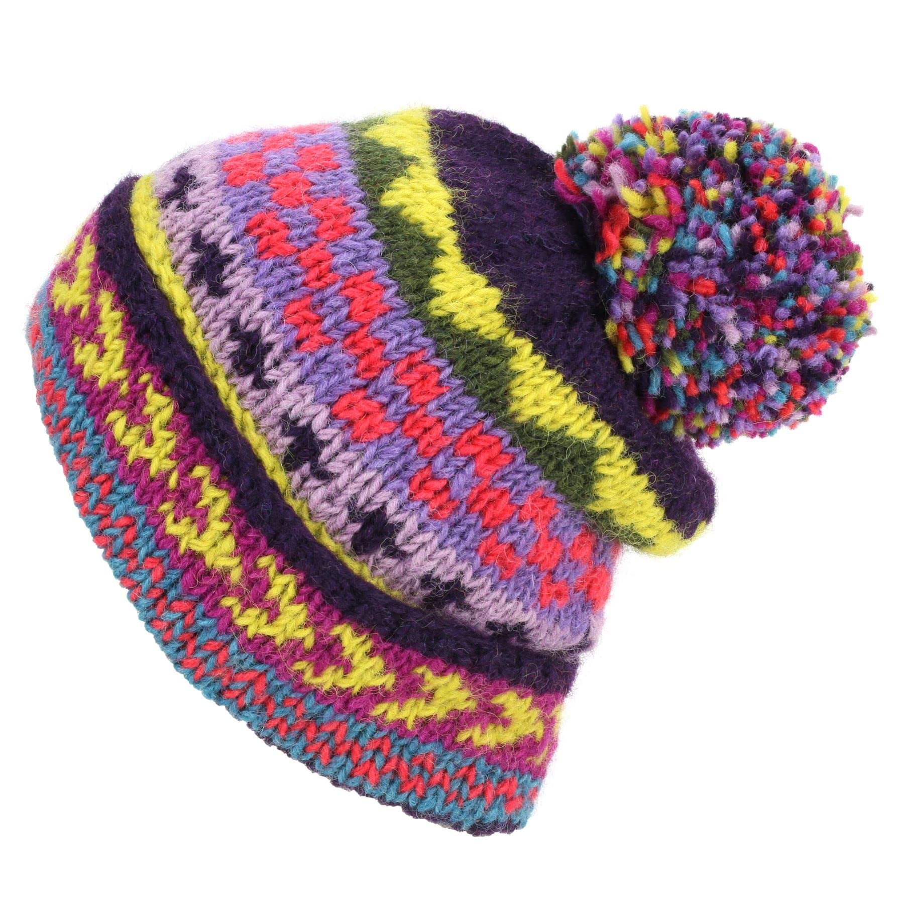 LOUDelephant Hand Knitted Wool Beanie Bobble Hat - Chevron Purple