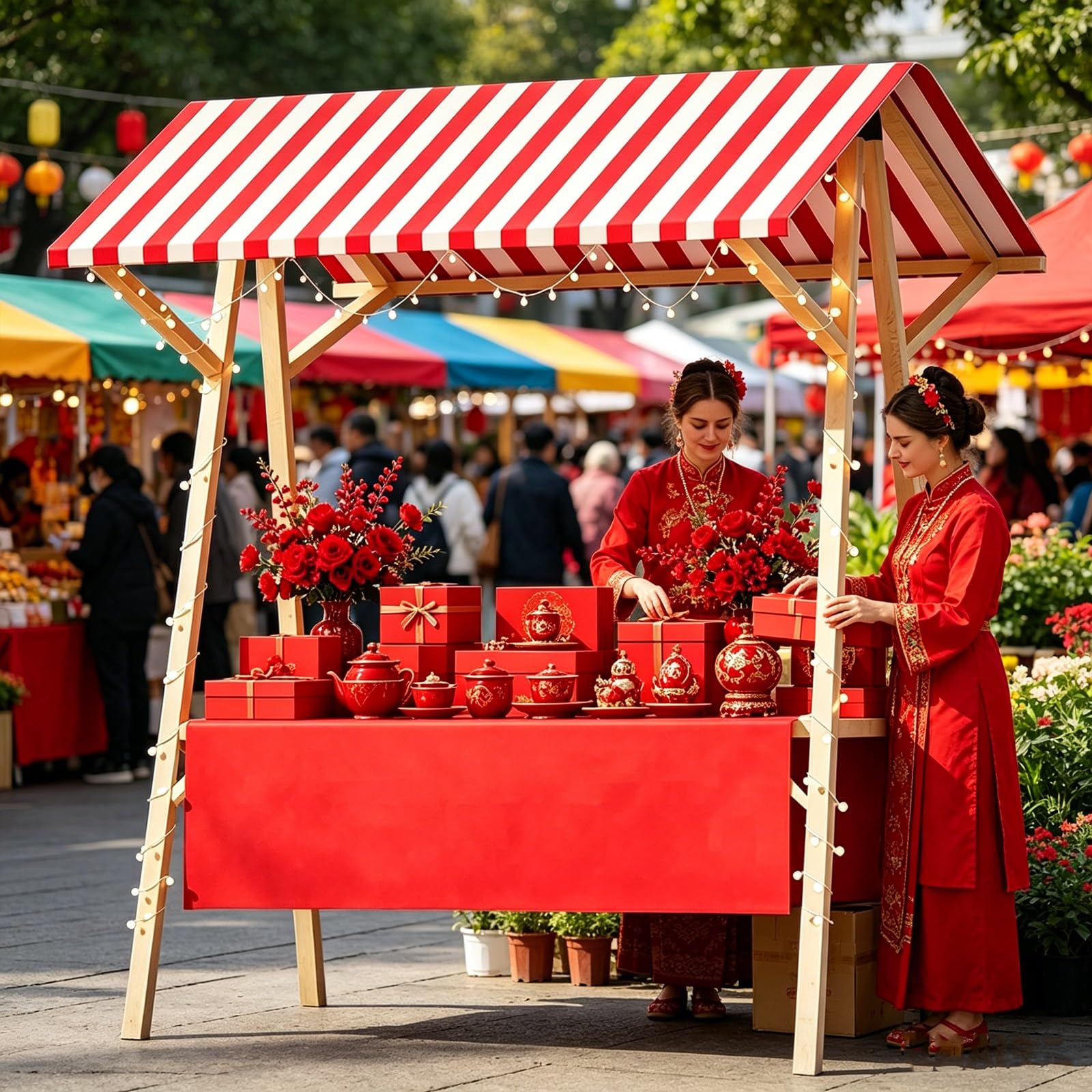 Składane Drewniane Stoisko Targowe z Zadaszeniem, Przenośny Wózek Sprzedażowy, Składany Pawilon Wystawowy na Imprezy, Festyny i Targi Rękodzieła(Red,120cm)