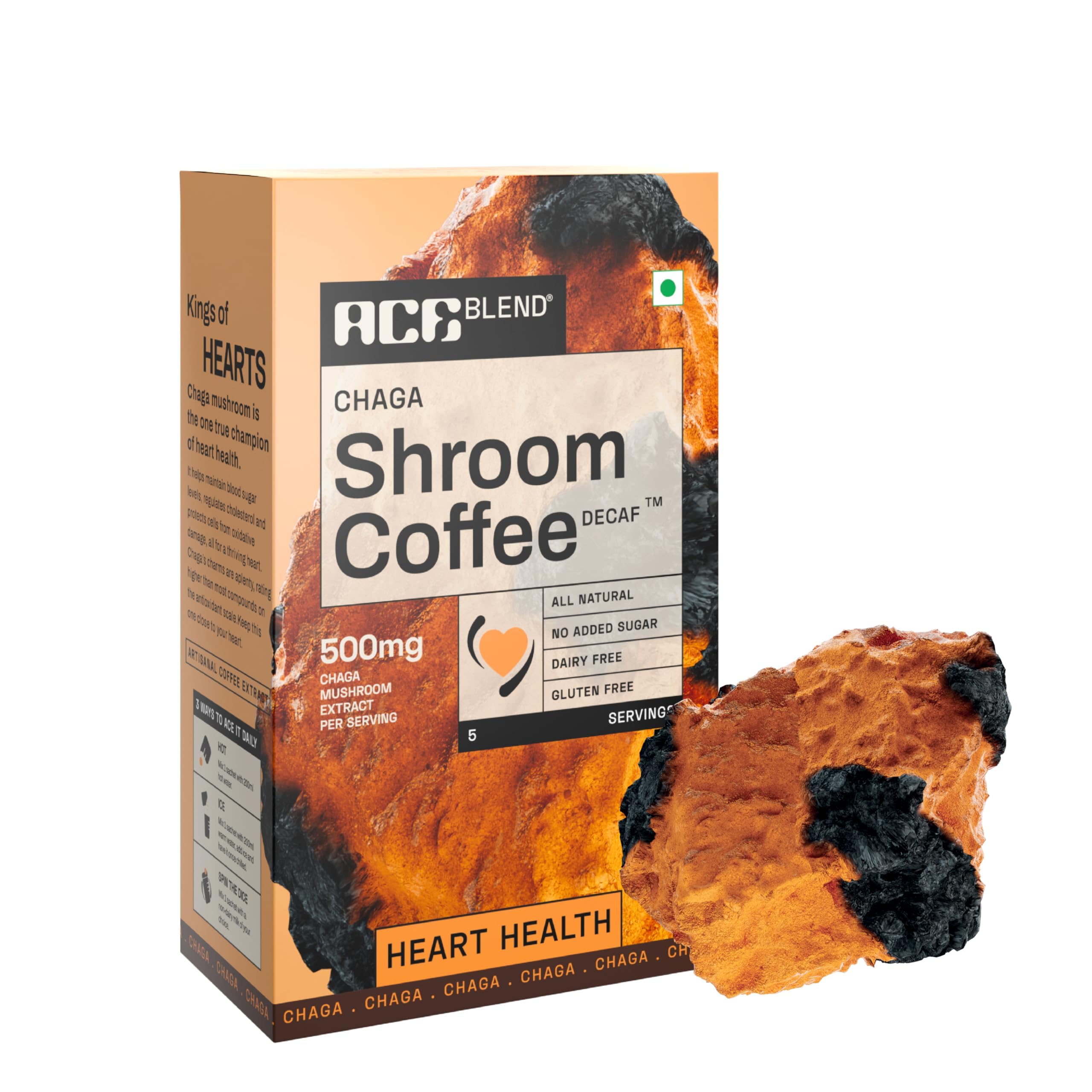 Ace Blend Chaga Shroom Coffee (5 Serves) | 500mg Chaga Mushroom Extract | KSM 66 Ashwagandha | L-theanine | MCT Powder | Heart Health | Regulates Cholestrol | Decaf Instant Coffee | Medium Roast Blend