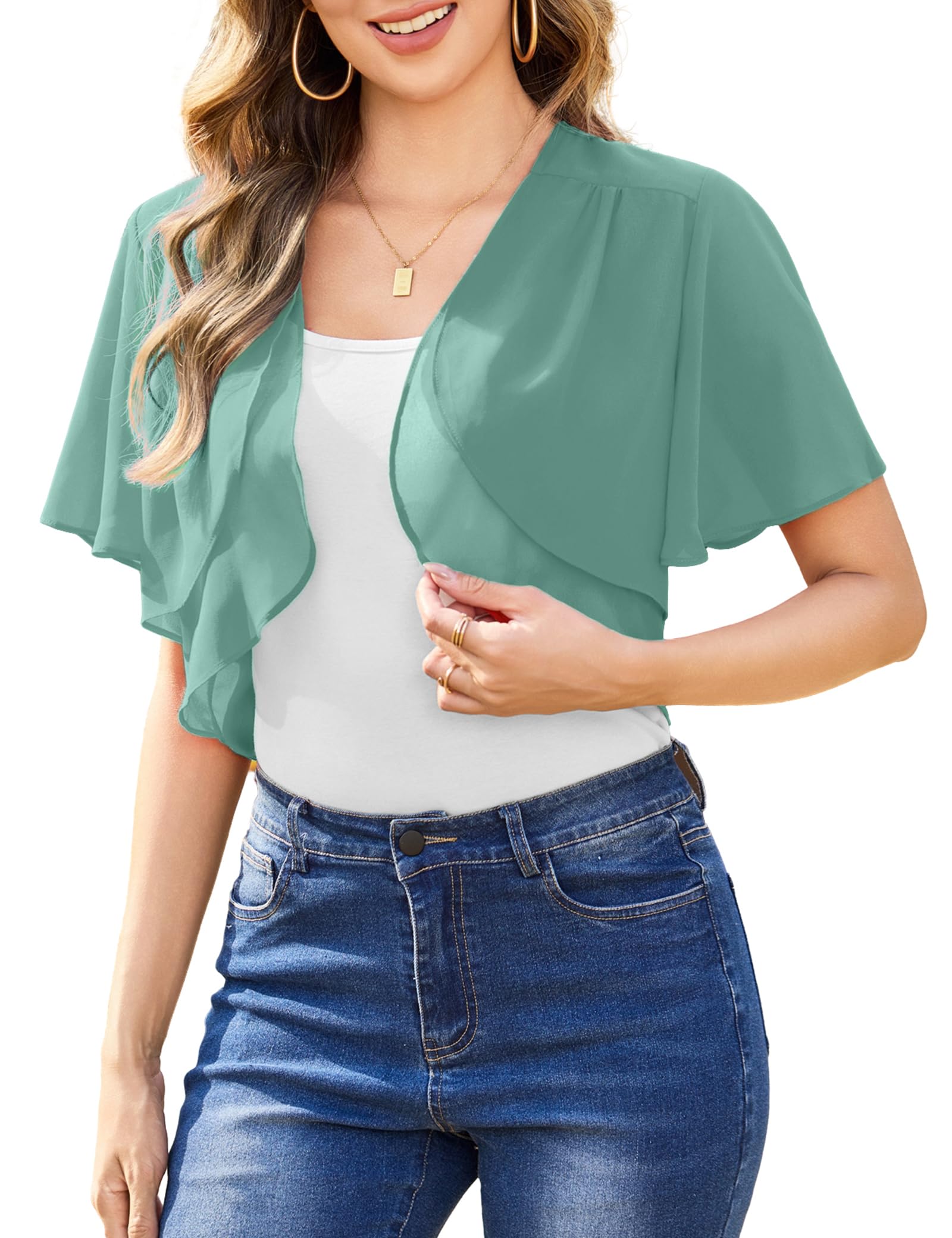 Aottori Bolero Damen Kurzarm Offene Front Kurz Festlich | Leicht fallende Chiffonoberfläche; Offene Front mit kurzen Ärmeln; für Hochzeit, Abendveranstaltung und Feier geeignet