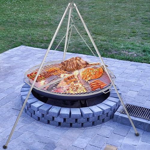 Miniatura 9 de Lineslife Parrilla para fogata portátil, parrilla de acero inoxidable plegable redonda con asas, parrilla de barbacoa para fogata al aire libre para