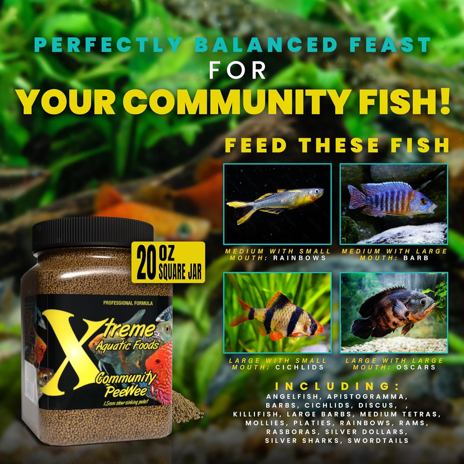 Xtreme Community Peewee 1.5mm Pellets: Slow Sinking & Ideal for Community Fish - Boosts Immune & Digestive Health, Enhances Color & Energy, Max Protein Fish Food – USA Farm Grown (20oz)