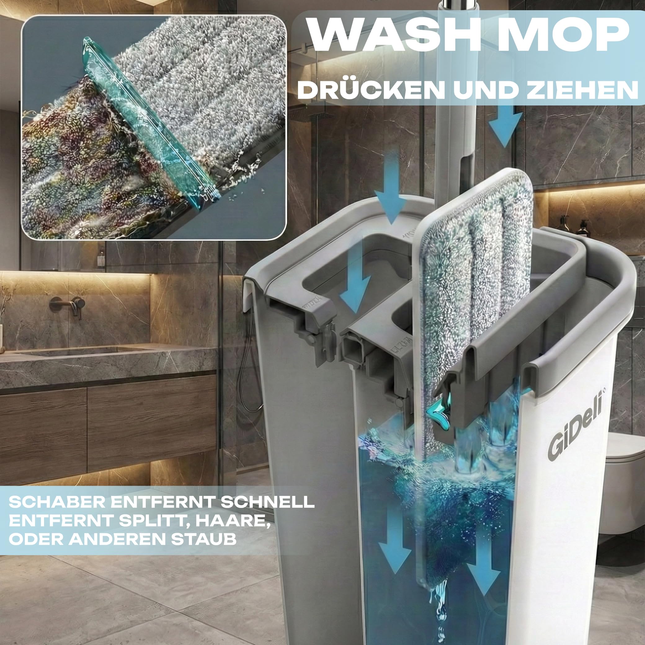 GiDeli Wischmopp und Eimer mit Auswringer-Set - Grau Flach Squeeze Mop Eimer Set für Bodenreinigung - Nass Trocken Mop für Wandreiniger mit langem Griff - Hartholz Bodenwischer mit 3 Mikrofasertüchern