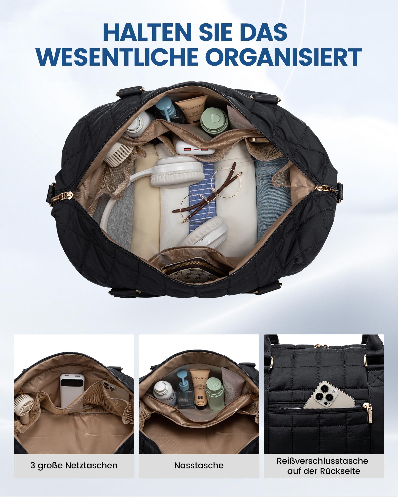 LOVEVOOK Reisetasche Damen Groß, Leicht Puffer Weekender Handgepäck Tasche Kliniktasche Geburt Krankenhaustasche mit Schuhfach & Nassfach, Travel Bag Sporttasche für Flugzeug Reise, Schwarz