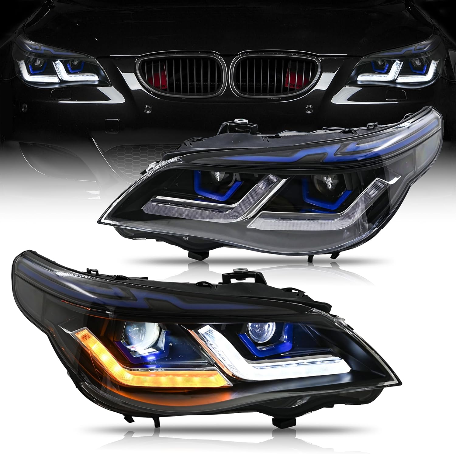 letsdate Projector Headlights Compatible For Bimmer 5-Series E60 M5 Sedan E61 M5 Touring 2005-2010 LCI w/Dynamic Animation w/Amber Turn Signal, Plug and Play Sold as Pair