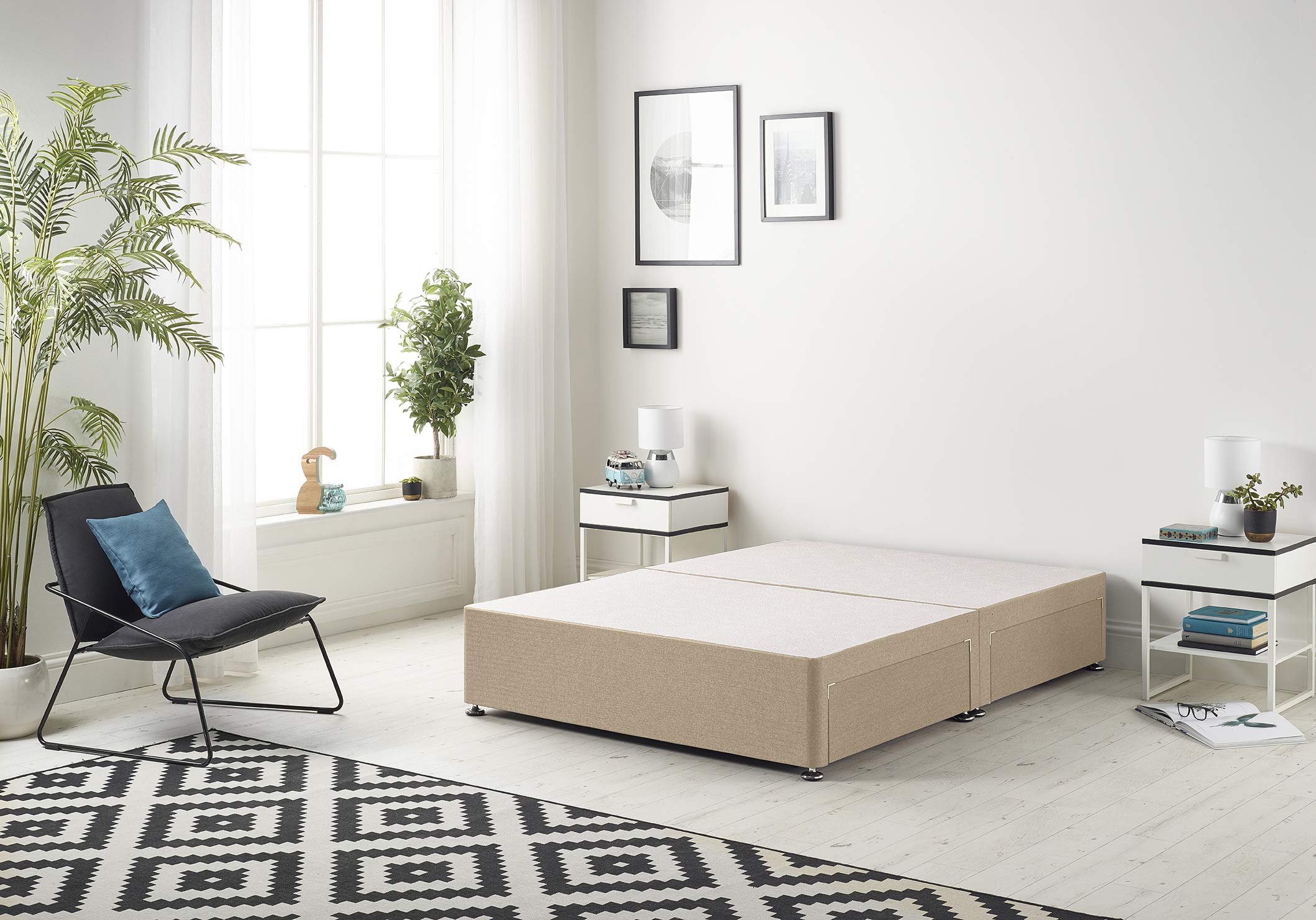 Bed Centre Flexby Divan Base Only with No Drawers and No Headboard - Available in 3ft,4ft,5ft and 6ft- Fabric (4FT Small Double, Plush Beige Fabric)