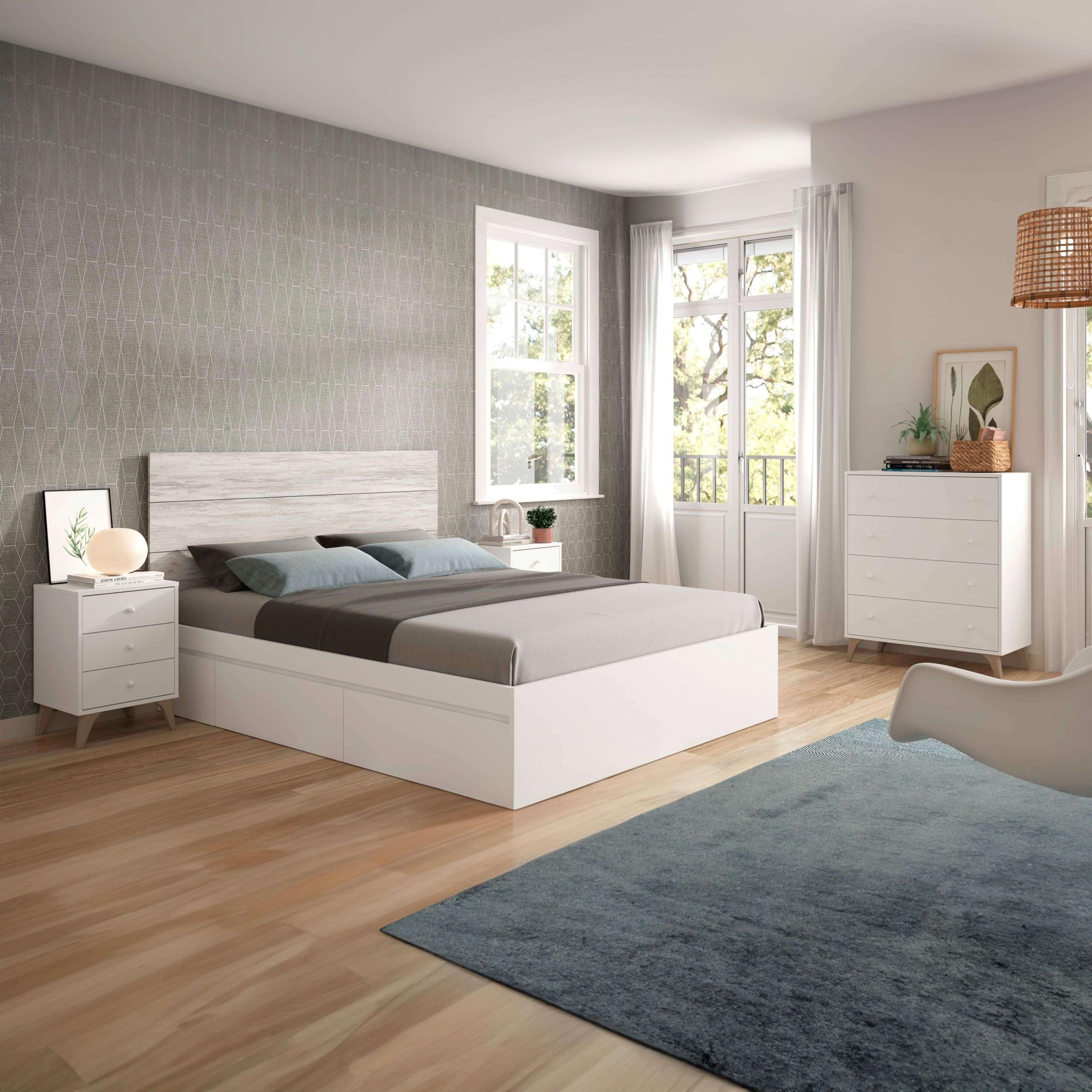 Cómoda Dormitorio Luca - Estilo Nórdico Blanco Y Roble, 60x110x40 Cm | 5 Cajones, Melamina, Guías Metálicas