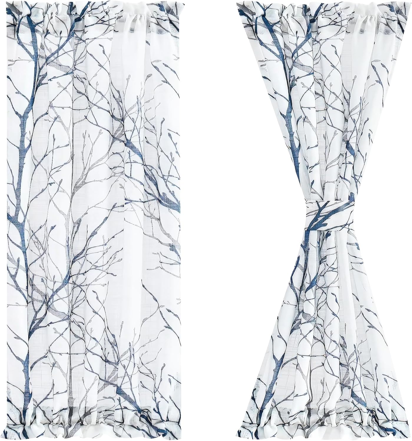 FMFUNCTEX French Door Curtains 72 Inches Long Blue and White Semi-Sheer Panel with Matching Tie-Back for Front Doors 50 Inches Wide