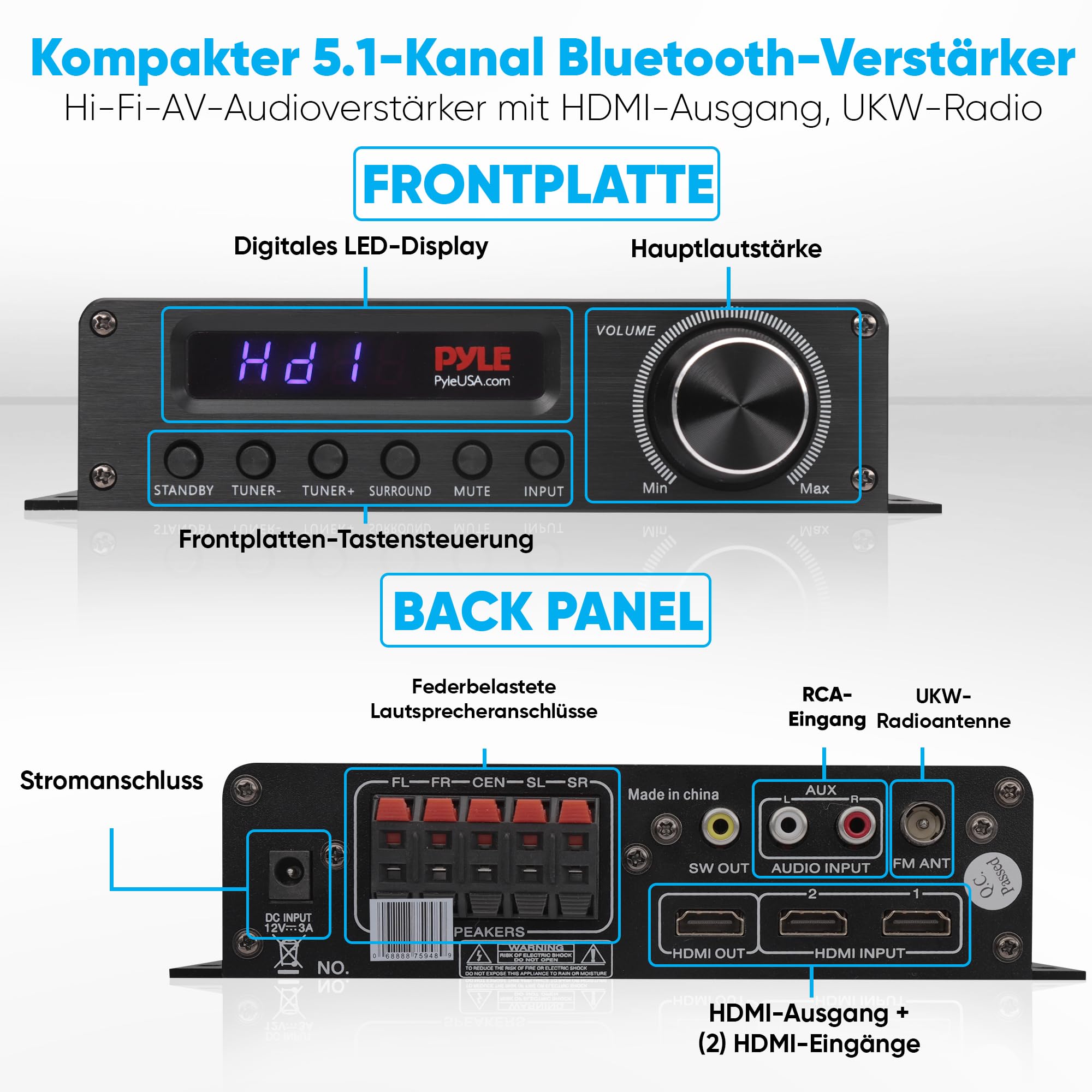 Pyle HiFi Verstärker 100W – Bluetooth Verstärker, Amplifier 5.1 Kanal Receiver mit HDMI, AUX, FM-Antenne, Subwoofer-Eingang, 12 V Adapter – 4 Eingänge