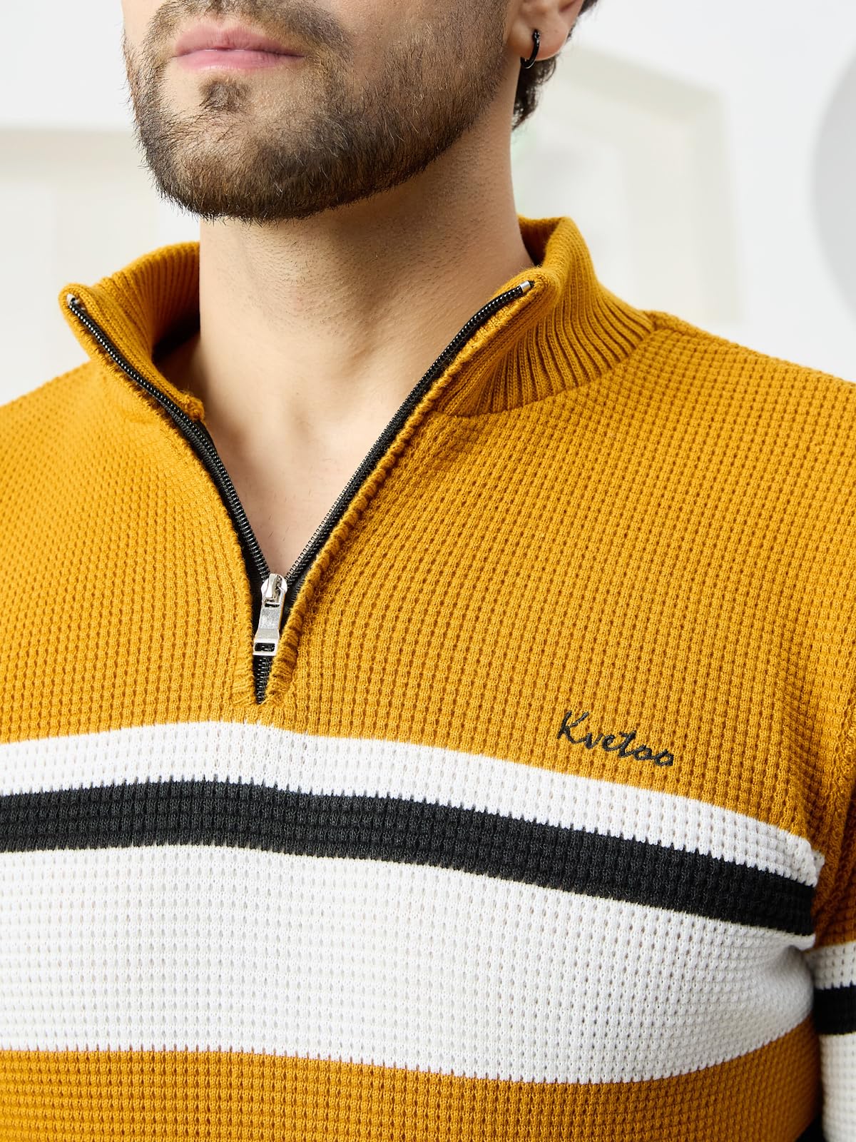 Kvetoo Men High Neck Zip Full Sleeve Woolen Winter Sweater Mustard Black Size XL - Image 6 thumbnail