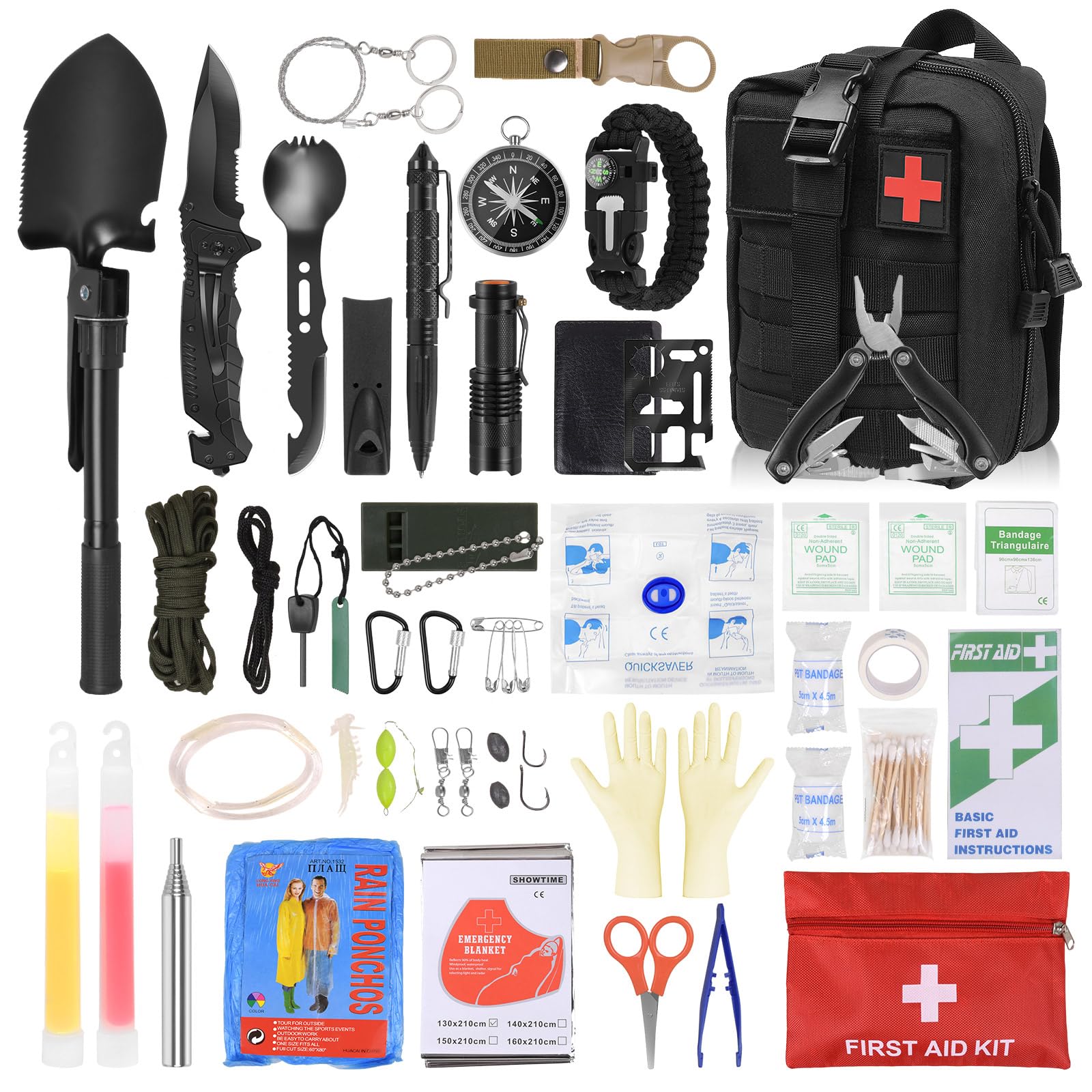 Kit de Survie Randonnée - Équipement Outdoor avec Pelle Pliante, Couteau Multifonction, Lampe Torche, Bracelet et Trousse de Premiers Secours pour Camping Aventure Trekking Urgence