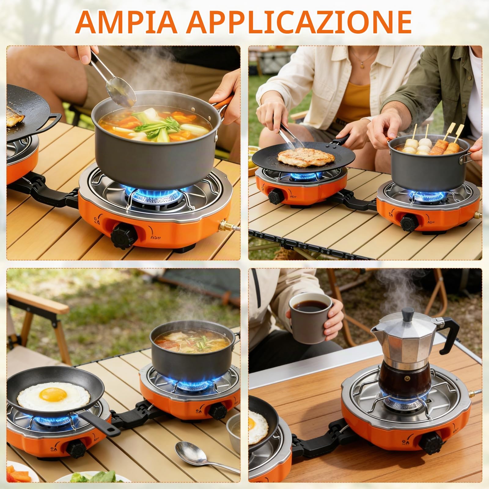 Fornello da Campeggio a 2 Fiamme, Collapsible Portatile Fornello da Gas a 2 Fuochi con Bruciatore Regolabile e Accensione Piezoelettrica per Campeggio, Escursionismo e Emergenze