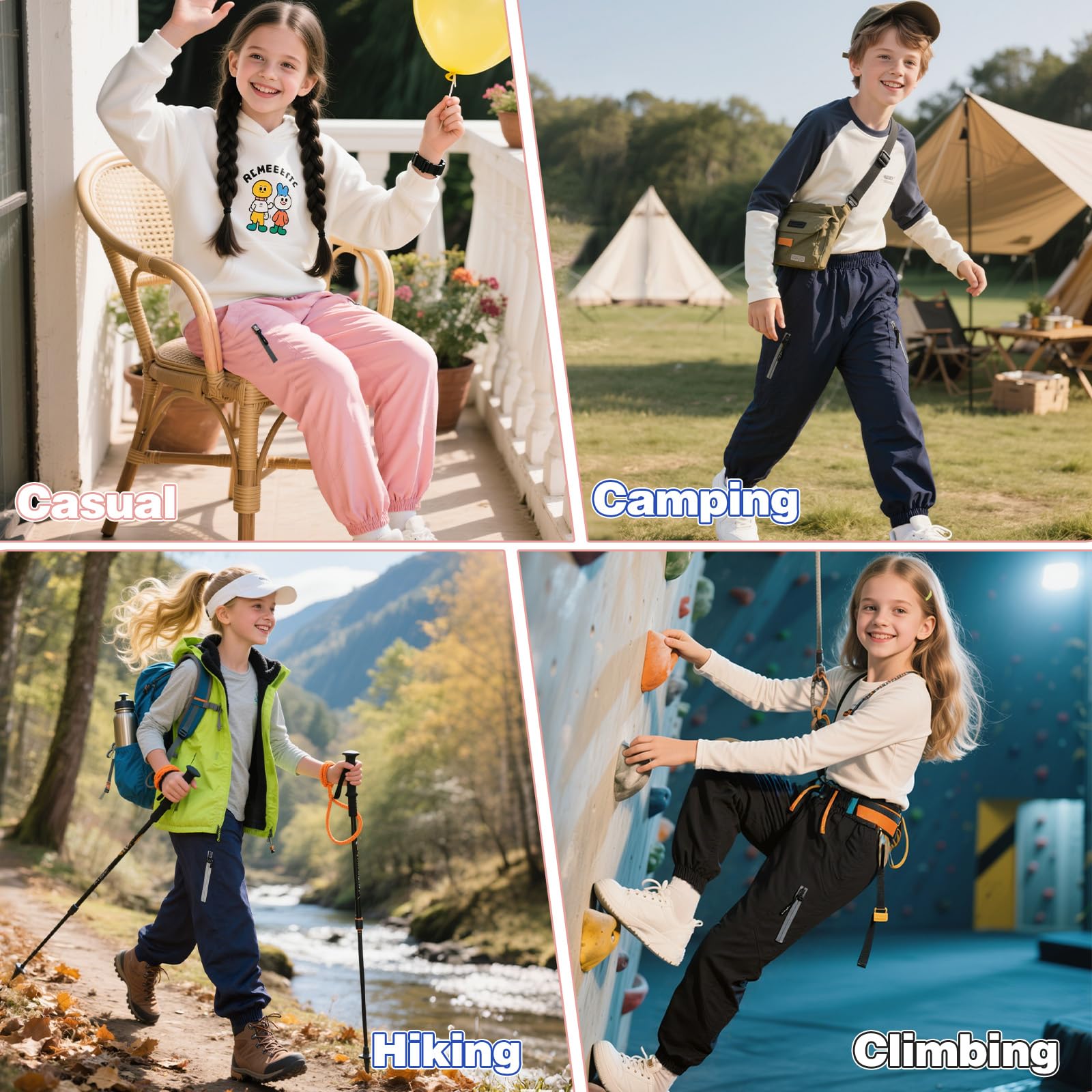 Pantaloni Trekking Impermeabili Bambini, Morbidi Pantalone Pioggia Outdoor con Strisce Riflettenti, Traspiranti Fodera a Rete Pantaloni da Jogging per Ragazzi Ragazze 7-14 Anni