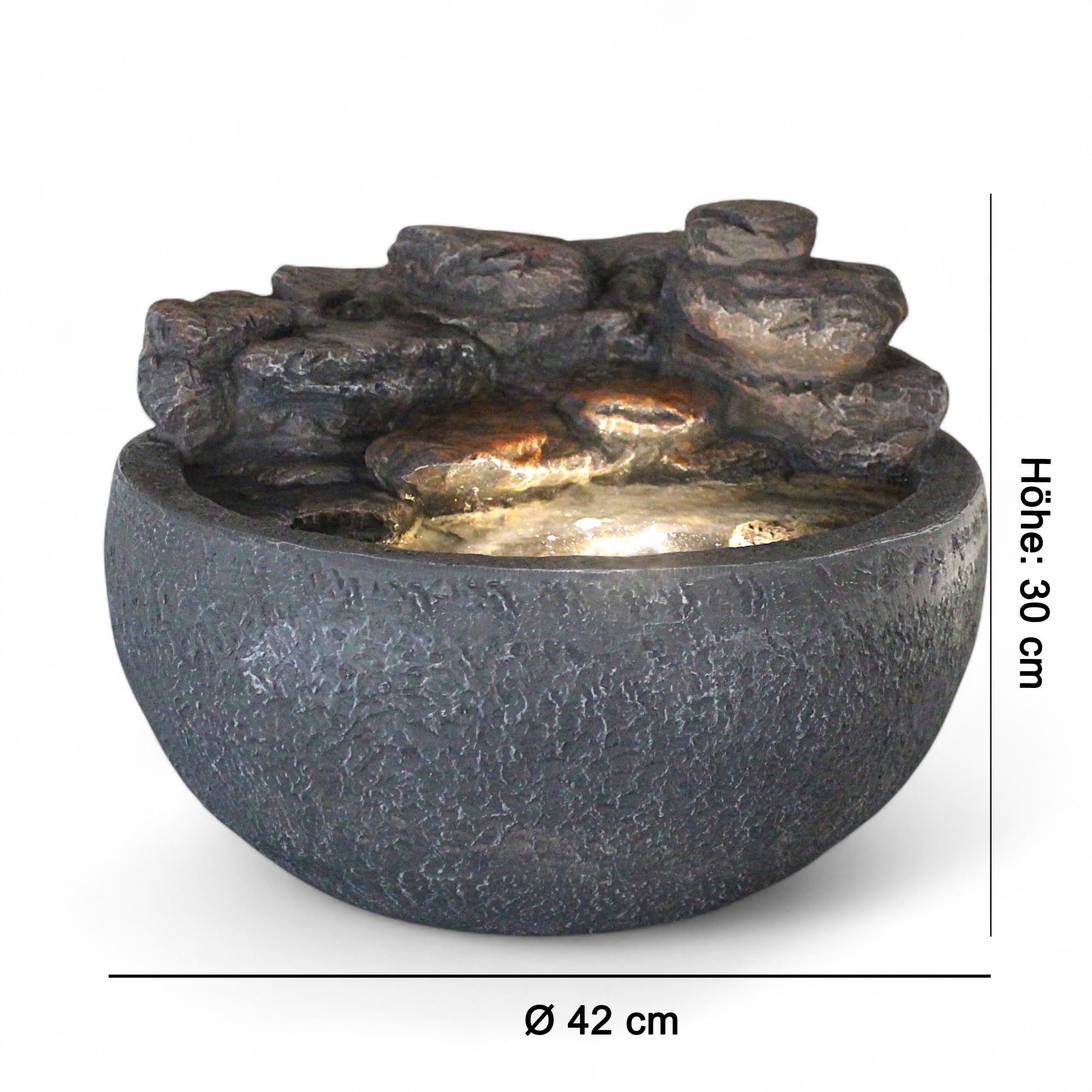 LED Zimmerbrunnen & Gartenbrunnen in Steinoptik Ø 42 cm – mit warmweißer Beleuchtung, Wasserfall & 450 L/h Pumpe – Indoor & Outdoor Deko Brunnen aus Polyresin, Komplett-Set mit Netzteil
