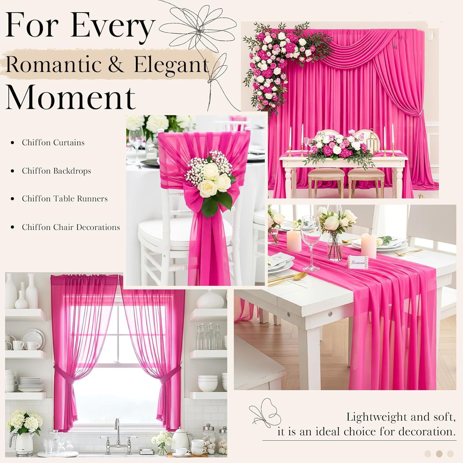 20M Chiffon Stoff Meterware & Tüll Stoff –160cm breiter Tischläufer Hochzeit und Hochzeitsbogen Deko für den Hochzeitsempfang, Party Reines Weiß