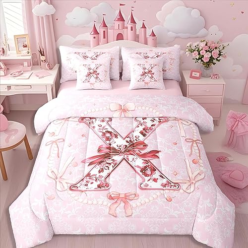 Erosebridal 7Pcs Teen Girl Coquette Bow Queen Bedding Sets Fantasy Pink Initial 