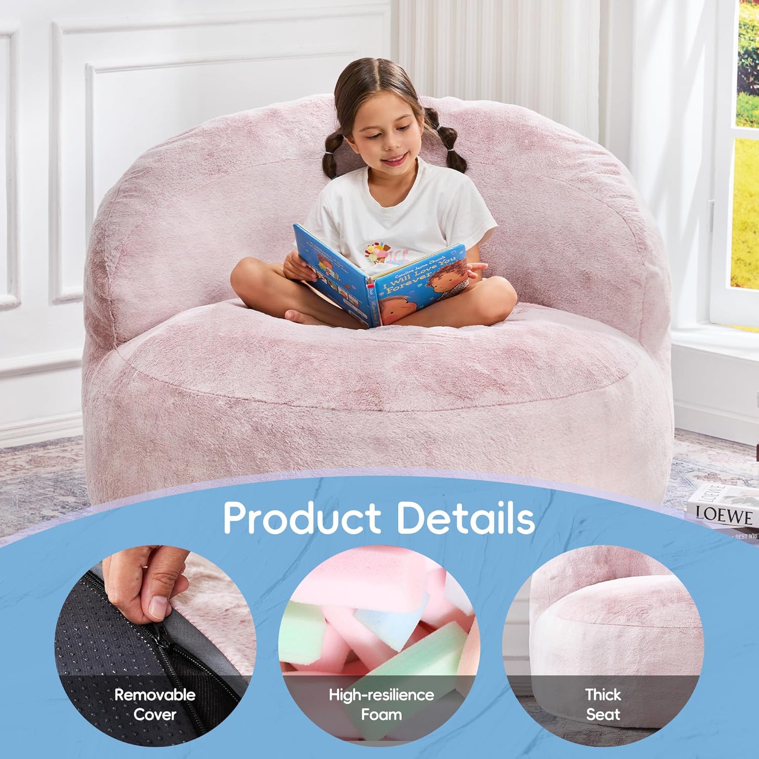 Hobestluk Bean Bag Chair Giant Bean Bag Chairs for Adults Big Bean Bag Chair with Memory Foam Filler Adults Large Beanbag with Faux Fur Cover for Bedroom (Plush Pink,Large) - Image 4