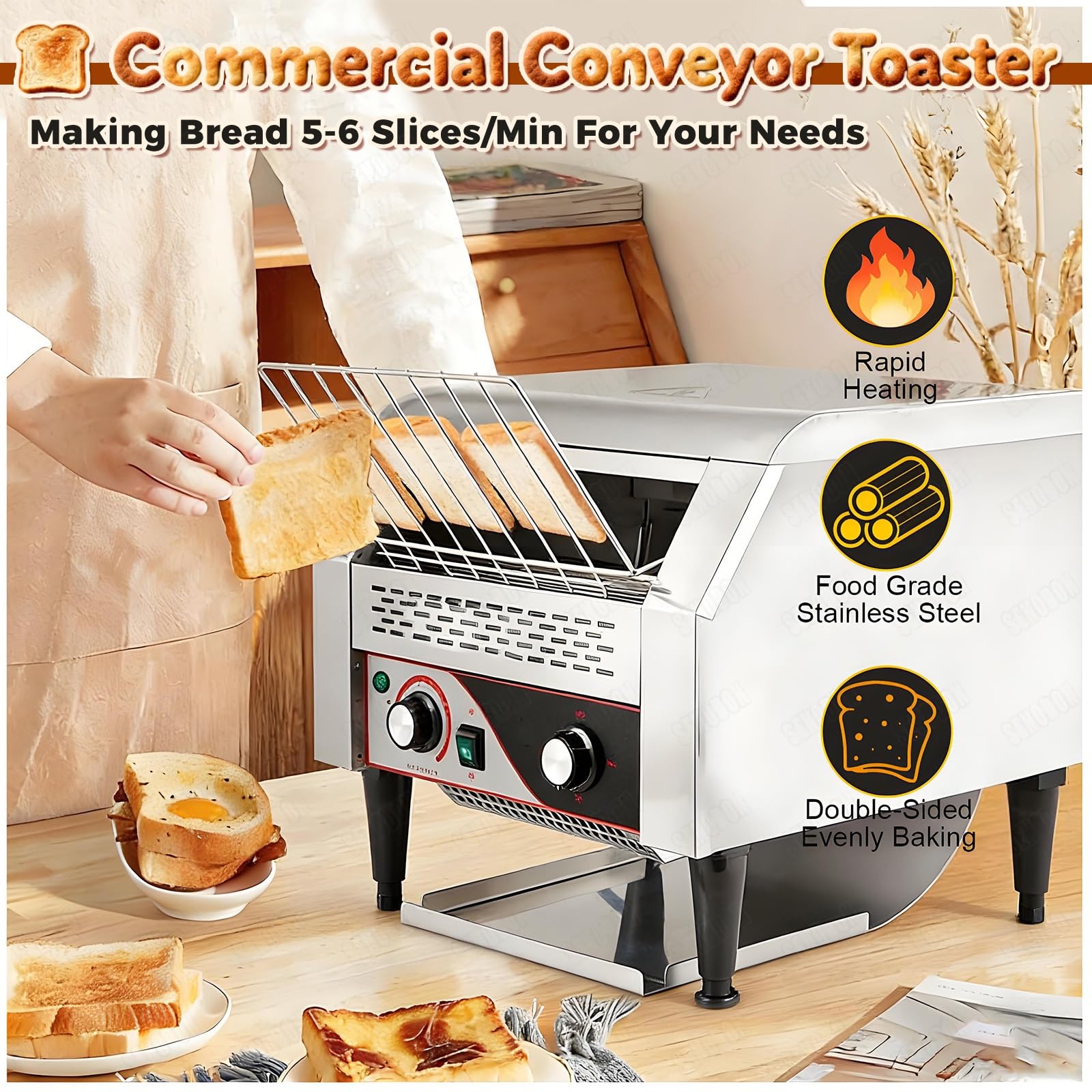 Tostapane professionale a nastro inox 150/300/450 fette/ora, 7 velocità regolabili, ideale per croissant, panetterie e caffetterie(150 Slices/H)
