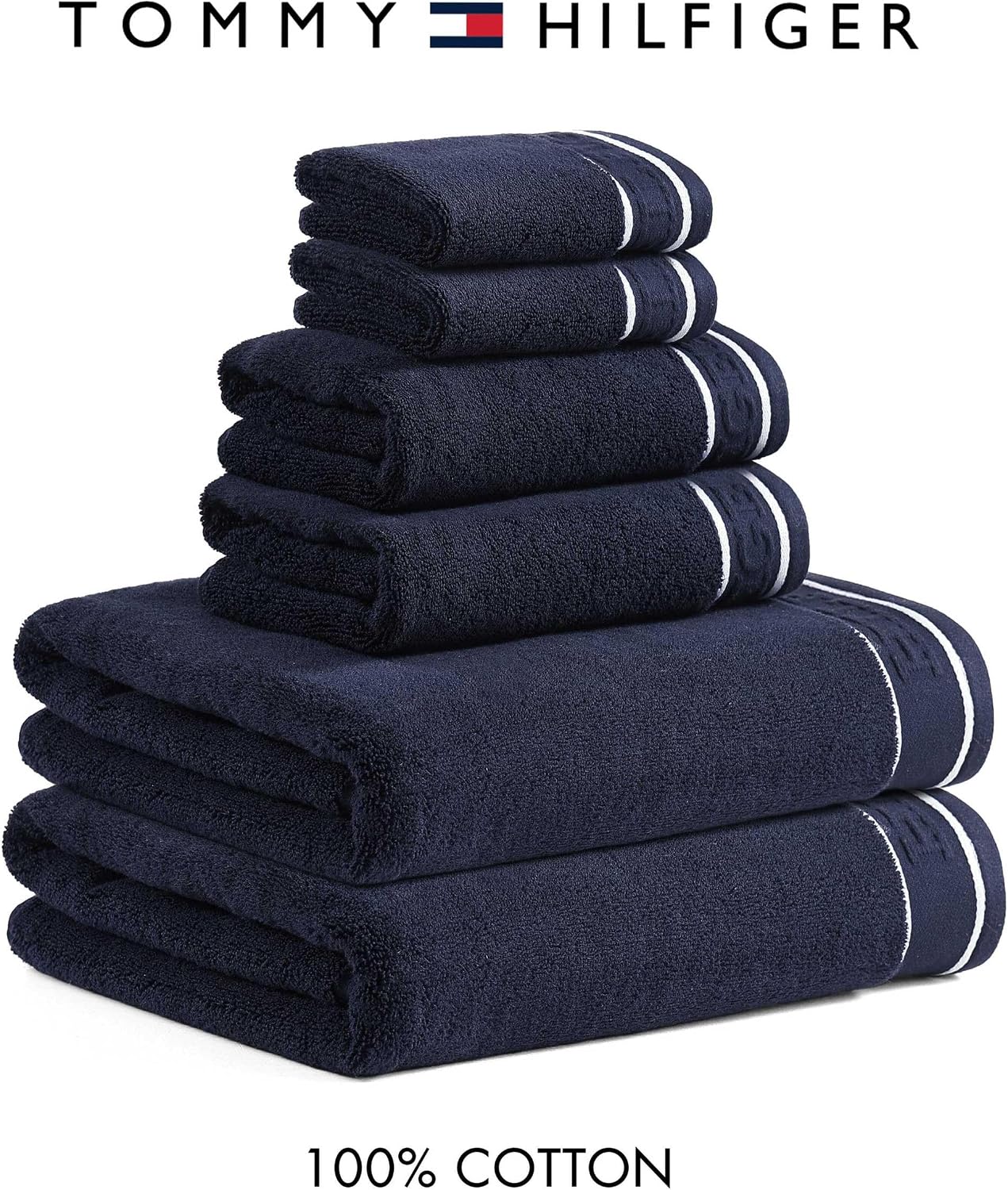 Tommy Hilfiger – Bathroom Towels, Soft Cotton Washcloths, Bath & Hand Towel Set, Zero Twist, Medium Weight & Highly Absorbent, Set of 6, College Dorm Room Essentials (Legacy Navy)