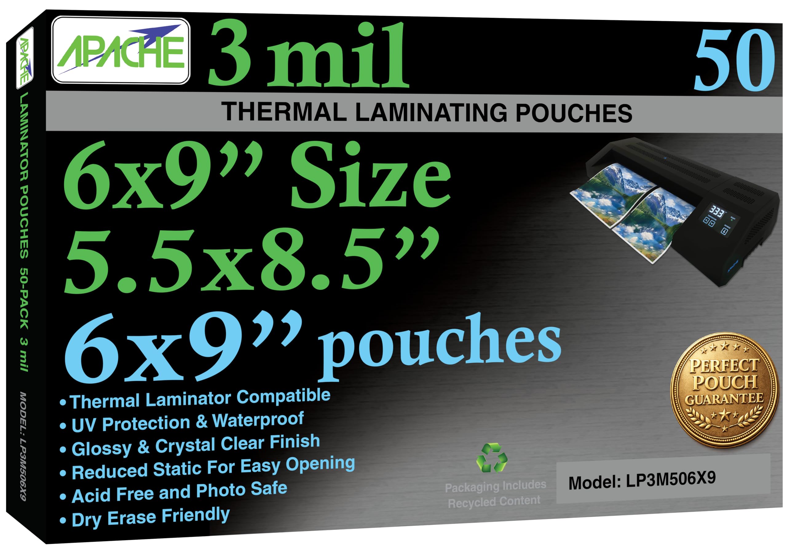 Apache 6x9" Laminating Pouches, 3 Mil, 50 Pack, 6" x 9"