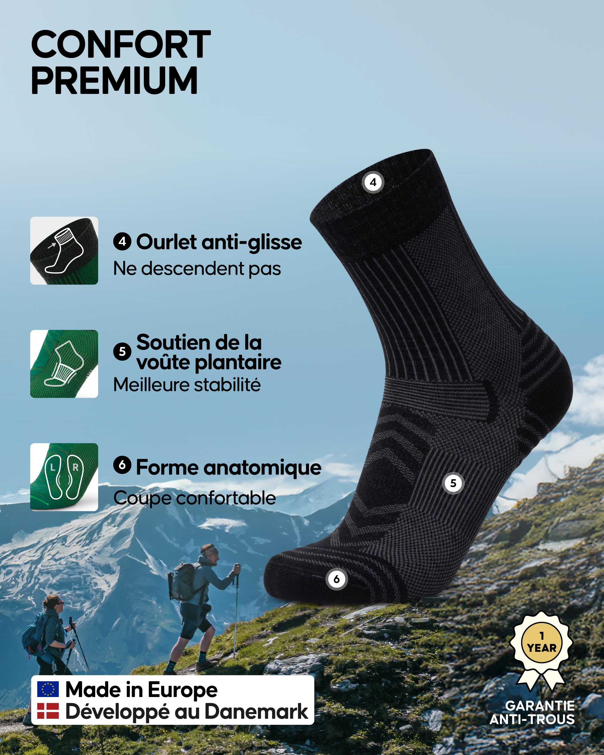 DANISH ENDURANCE Chaussettes de Randonnée Laine Mérinos Anti-Ampoules Lot de 3