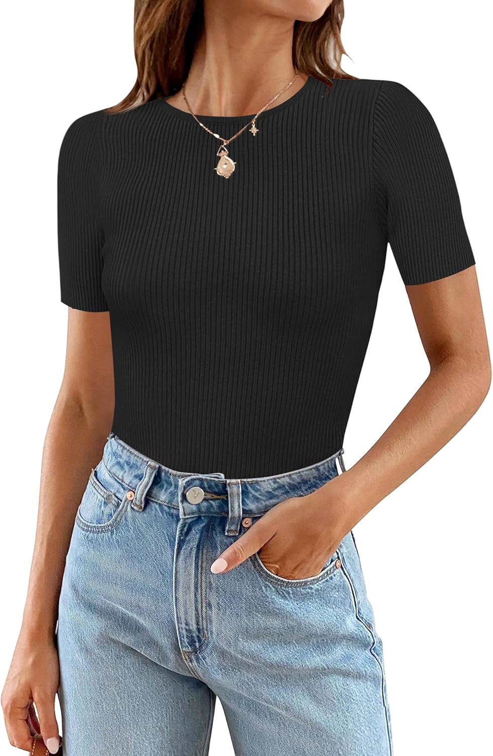 MEROKEETY Women's Short Sleeve Crewneck Bodysuits Summer Ribbed Knit Tops Slim Fit Body Suit