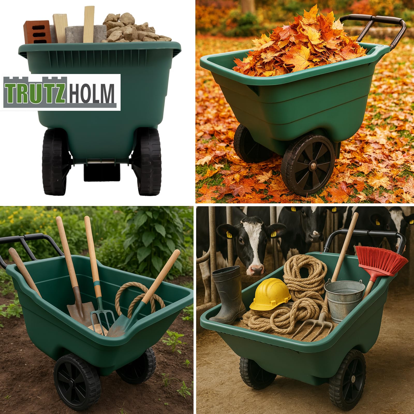 TRUTZHOLM Gartenwagen Transportwagen Schubkarre 250 kg Tragkraft – robuste Kunststoffwanne 98x55x64 cm, Stahlgriff grau gepolstert, 8 kg Gewicht, kippsicher, ideal für Erde, Laub, Holz, Einhandkarre