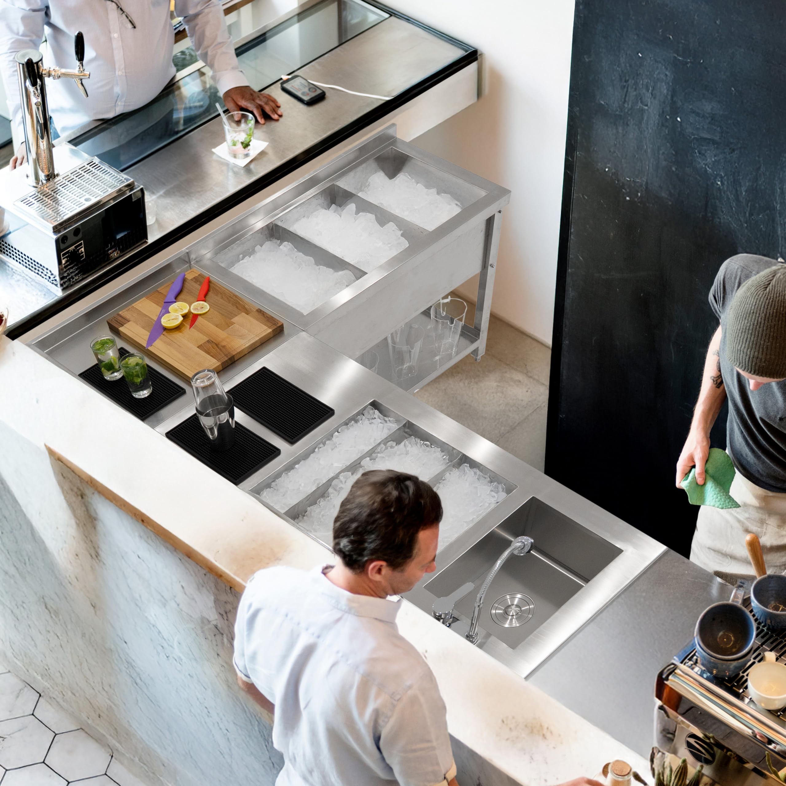 Unità Angolare Modulare da Cocktail Bar con Splashback da 5cm – 85x55x55cm, Mensola a 2 livelli, Bancone di Lavoro, Postazione Prep in Inox Heavy Duty, Piedini Regolabili, Link Bar, 2 x Staffe incluse