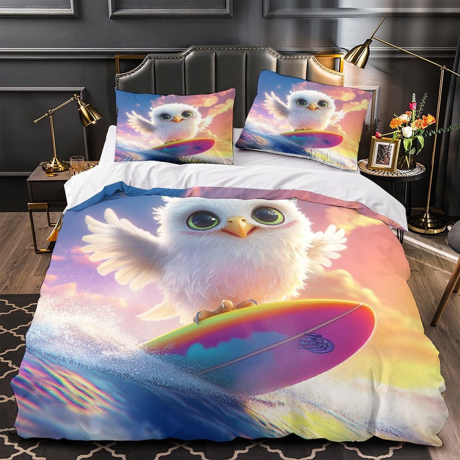 Drap de couette hibou mignon imprimé 3D en microfibre premium super king