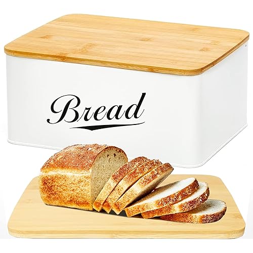 RoyalHouse Modern Metal Bread Box with Bamboo Cutting Board Lid,