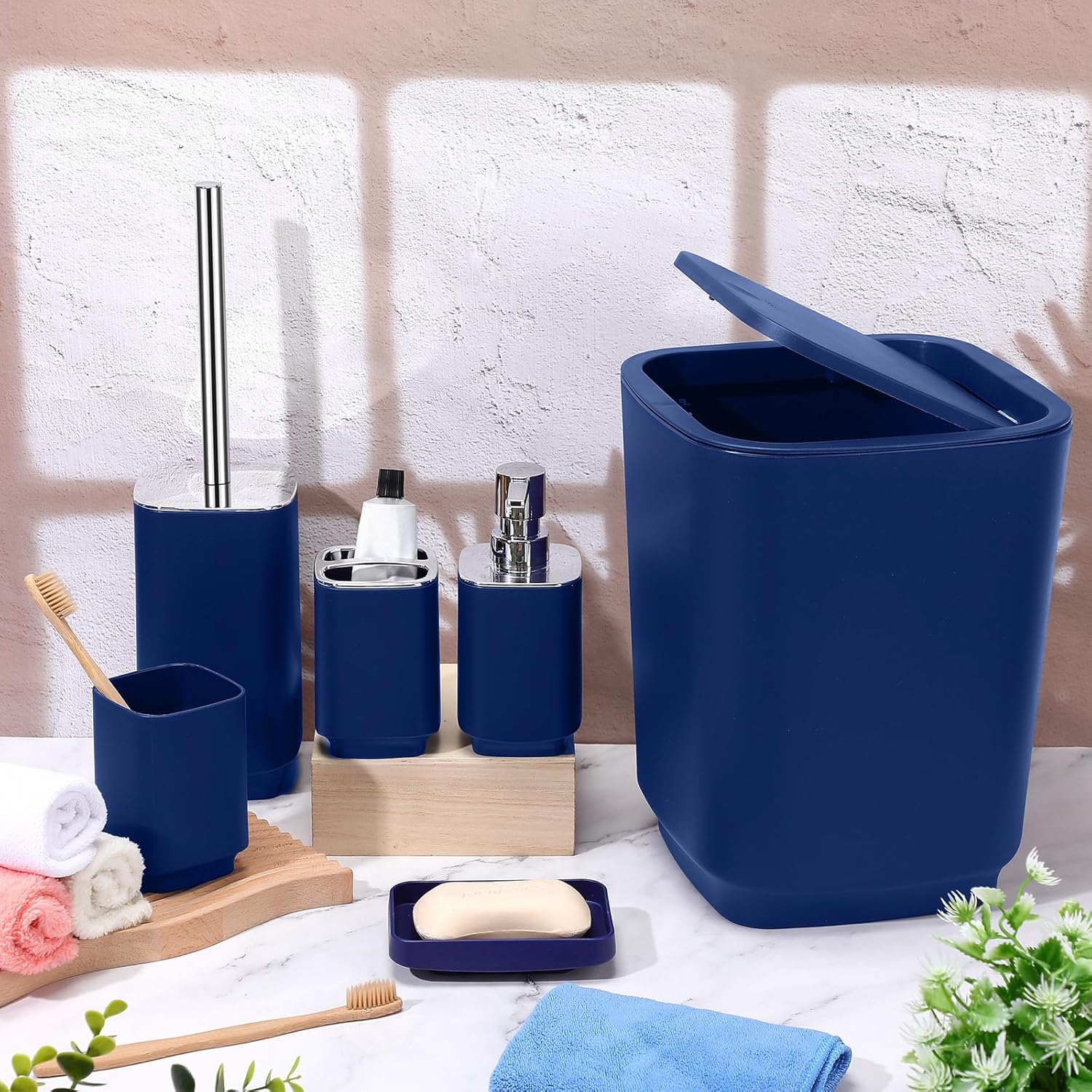 9 Pcs Blue Ombre Bathroom Accessory Set Shower Curtain 2 Pcs Non Slip Bathroom Rugs Toilet Brush Trash Can Soap Dispenser Soap Dish Cup Toothbrush Holder and Hooks for Bathroom Decor