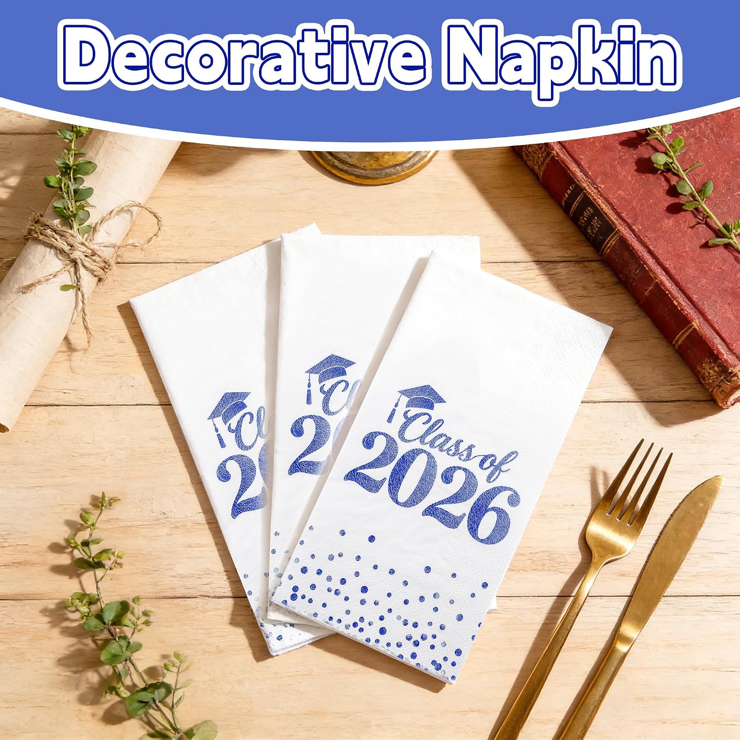 Graduation Napkins Class Of 2026, Disposable Congrats Grad Paper Guest Hand Towels For College High School Grad Class Congrats Celebration For Dinner And Cocktail Party Decorations (50 Count, Blue)
