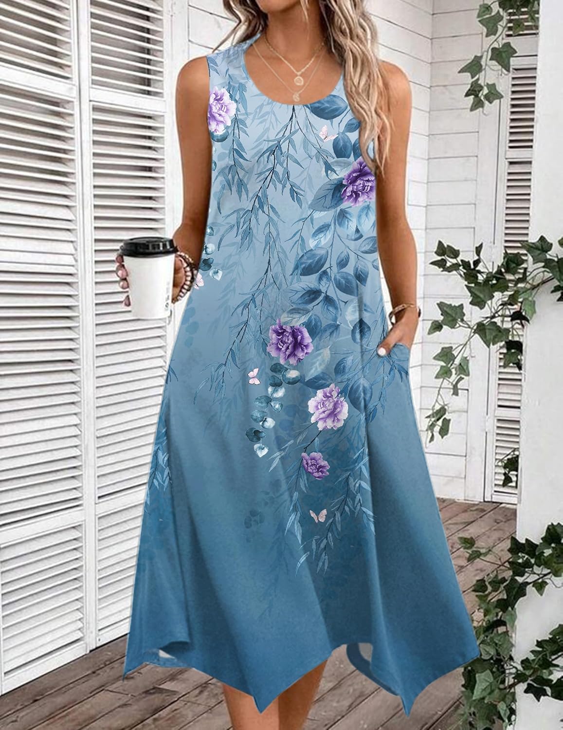 HOTOUCH Women's Casual Summer Dress Sleeveless Sundress Hankerchief Hem Midi Tank Dresses Beach Dress with Pockets - Image 2