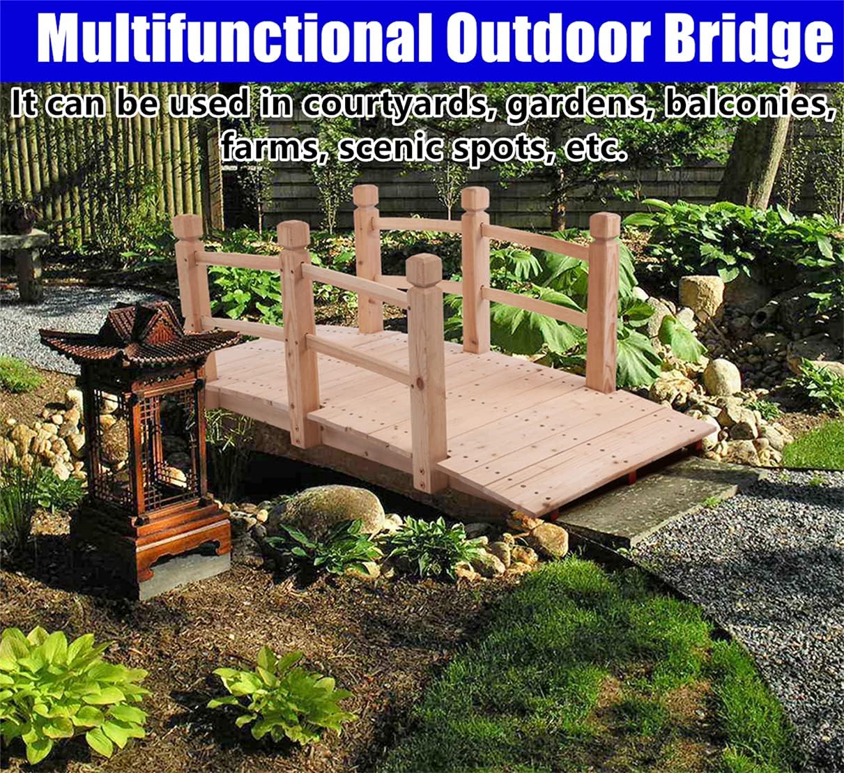 DZECCNXES Stronger Garden Bridges for Outdoors 5ft, Anticorrosive Solid Wood Landscape Bridge Backyard, Courtyard Pond Walkway Decorative Arc with Double Railings - 500 Lbs (Natural Wood)