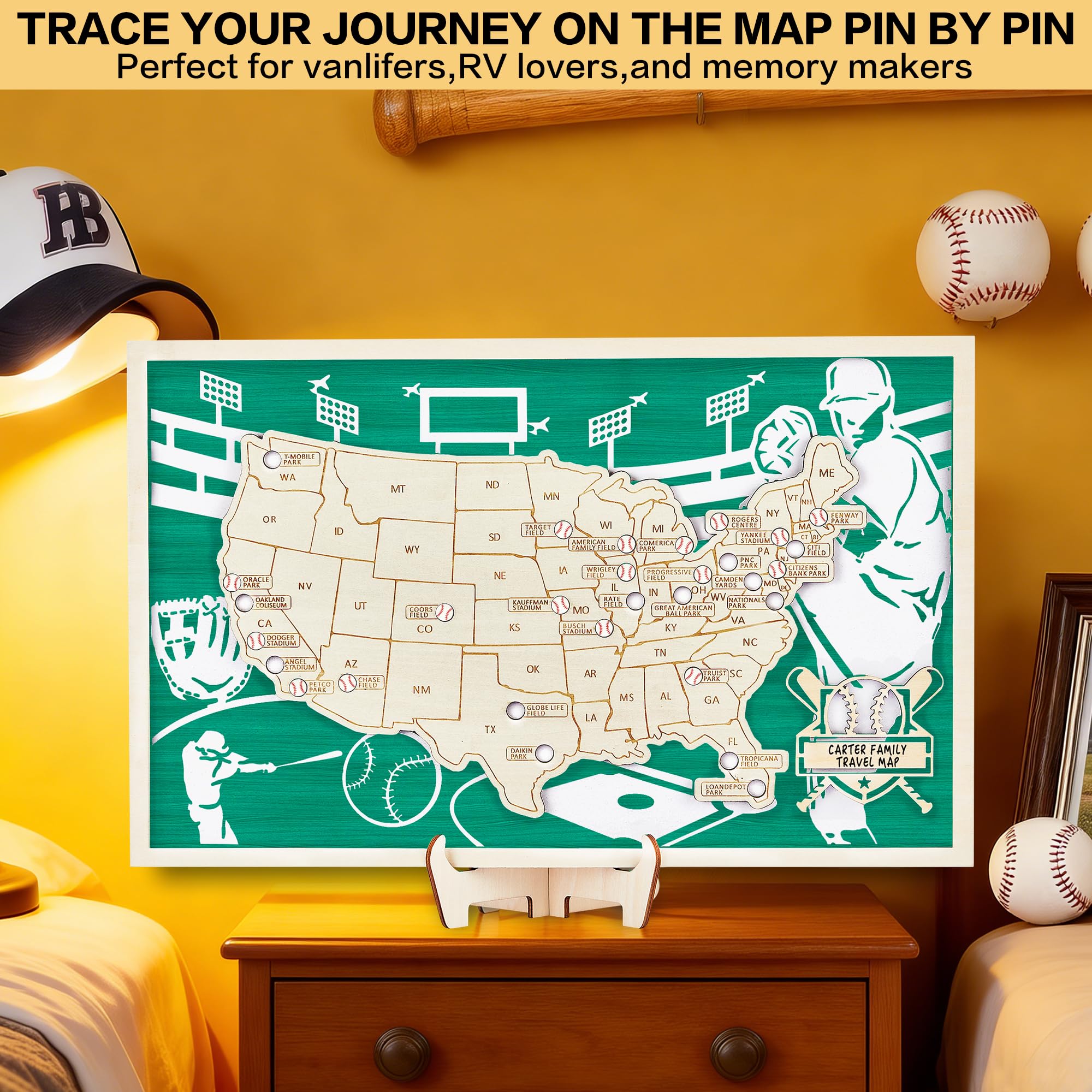 Mapa de estadio de béisbol, mapa de viaje de Estados Unidos con pines, decoración de béisbol, recuerdos deportivos, seguimiento de viajes de Estados Unidos, mapas de Estados Unidos para pared, regalo
