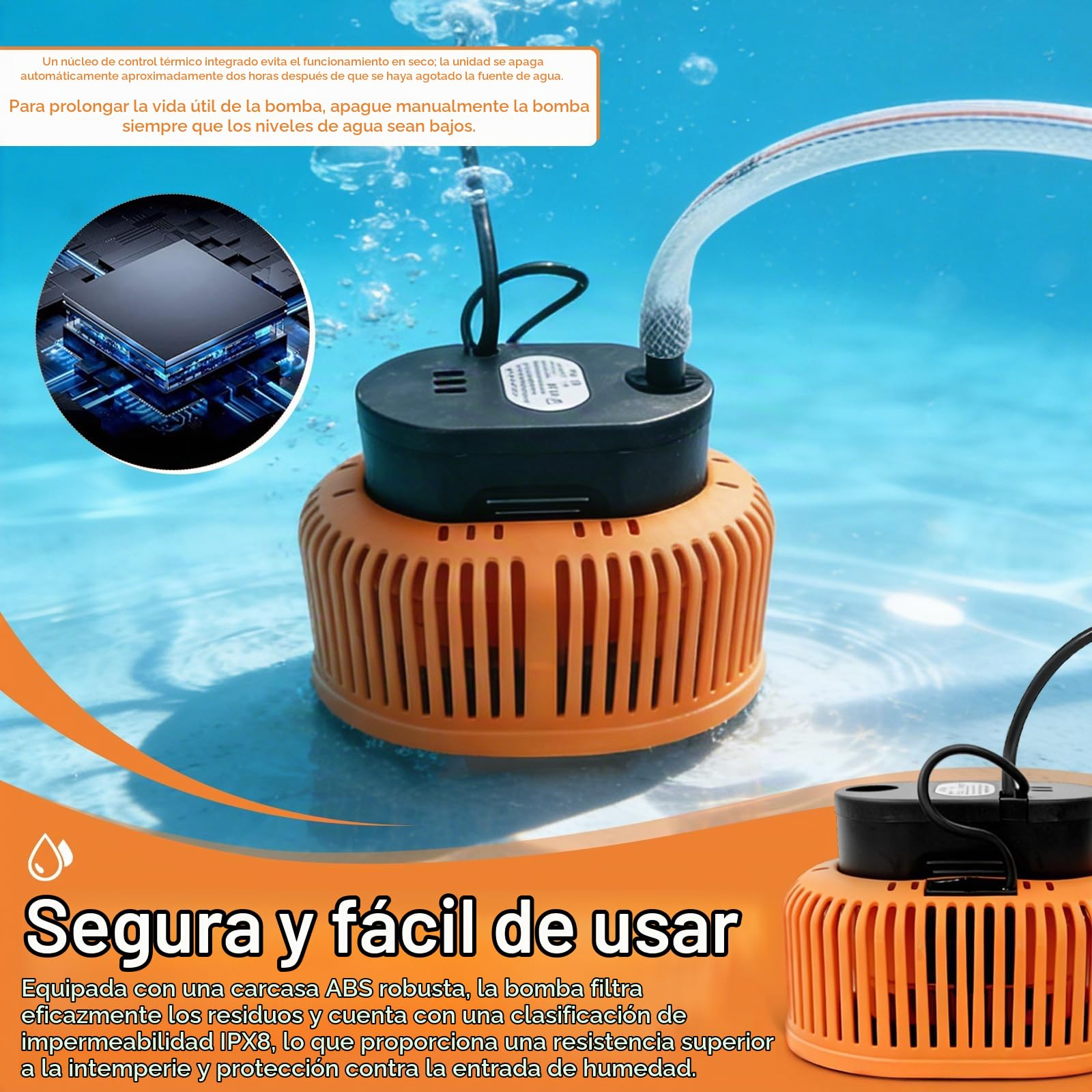 Bomba de Agua Sumergible 75W, Bomba de Cubierta de Piscina 3200L/H Altura Máxima de Elevación 3,2 m con Cable de 7,2 m, 6 Adaptadores Diferentes Manguera de 5 m para Estanques